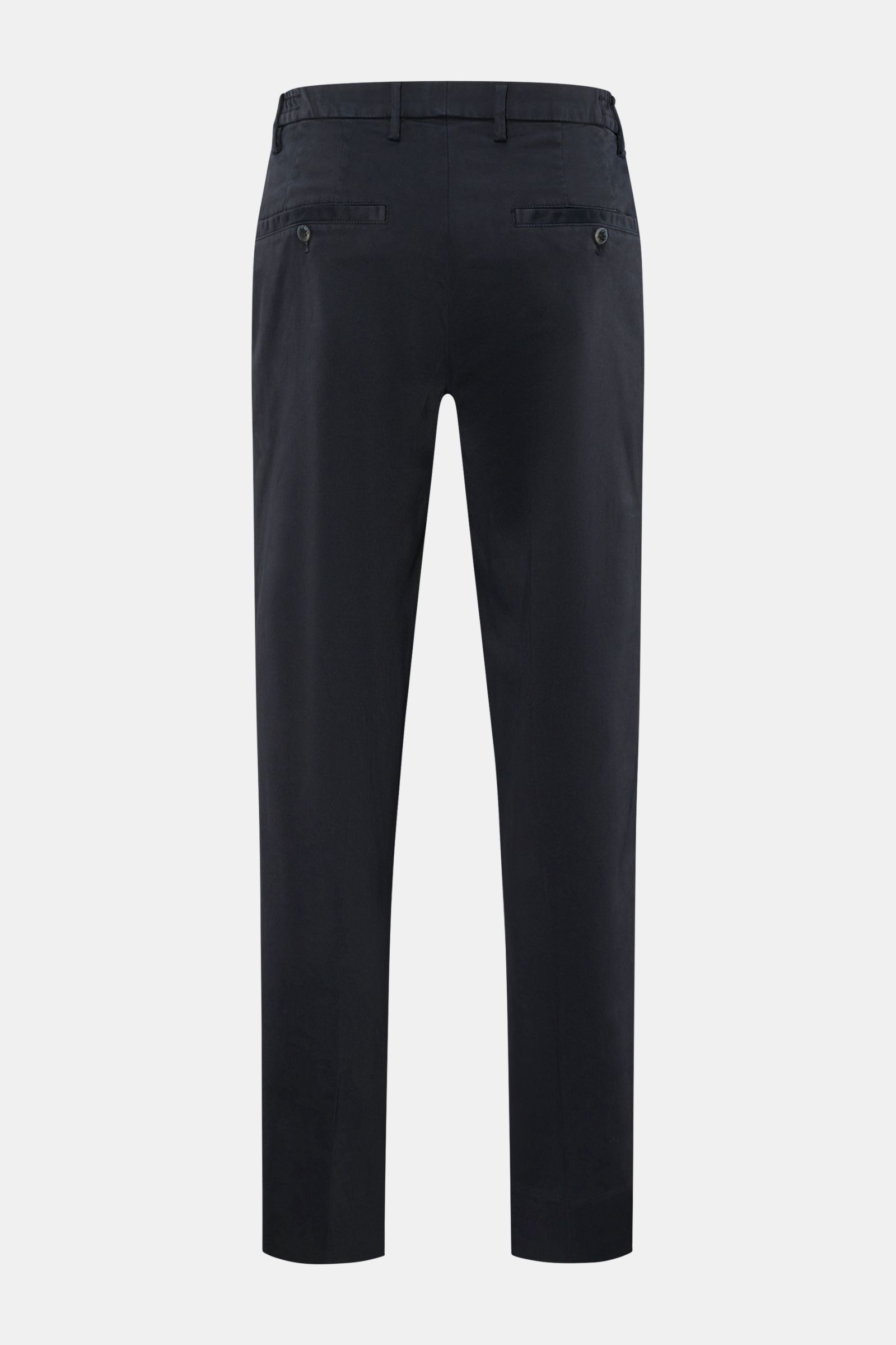 Rear view of GTA Cotton trousers 'Dennis' navy, tapered fit with back button pockets, elasticated waistband, and fixed hem turn-up, made of soft, slightly elasticated cotton. 

The cotton trousers 'Dennis' by GTA are defined by their soft feel and feat