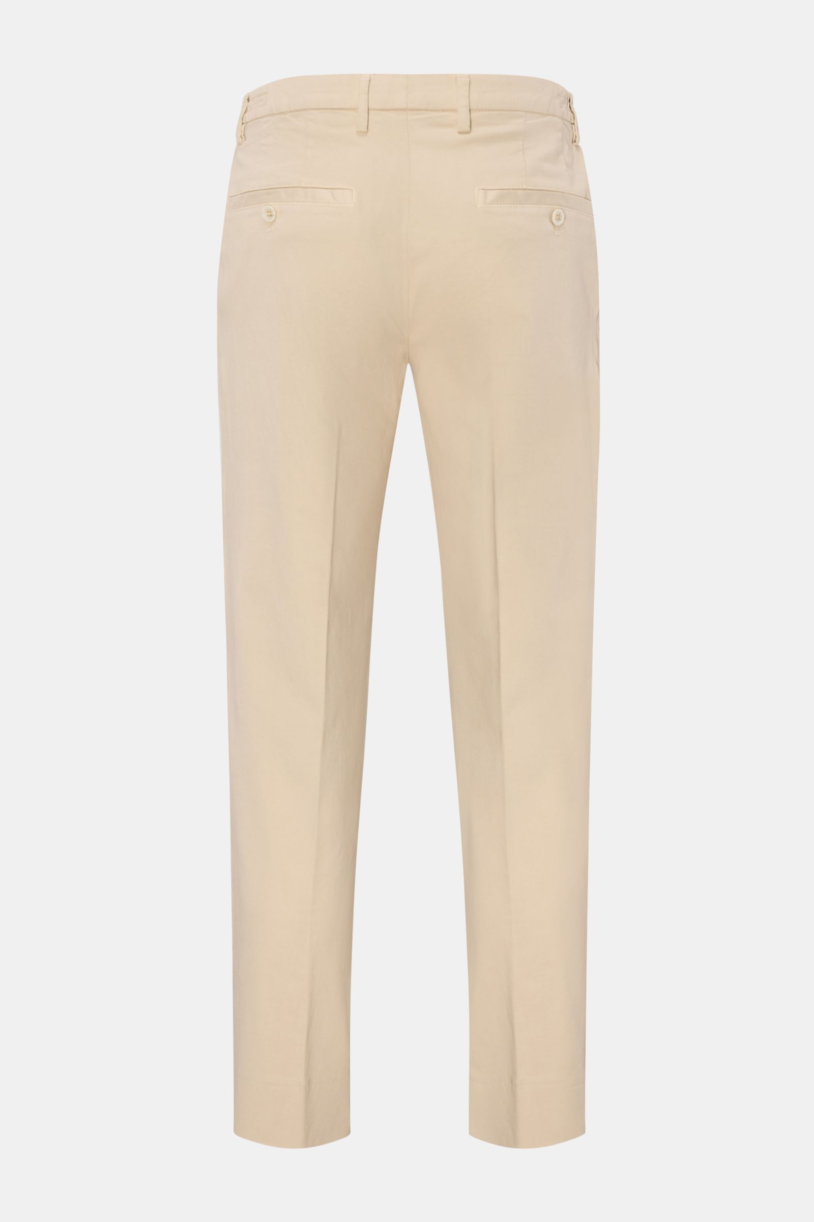 GTA Cotton trousers 'Dennis' sand shown from the back, ankle-length tapered fit with partially elasticated waistband, French pockets, and buttoned back pockets.  
The cotton trousers 'Dennis' by GTA are defined by their soft feel and feature an elastic