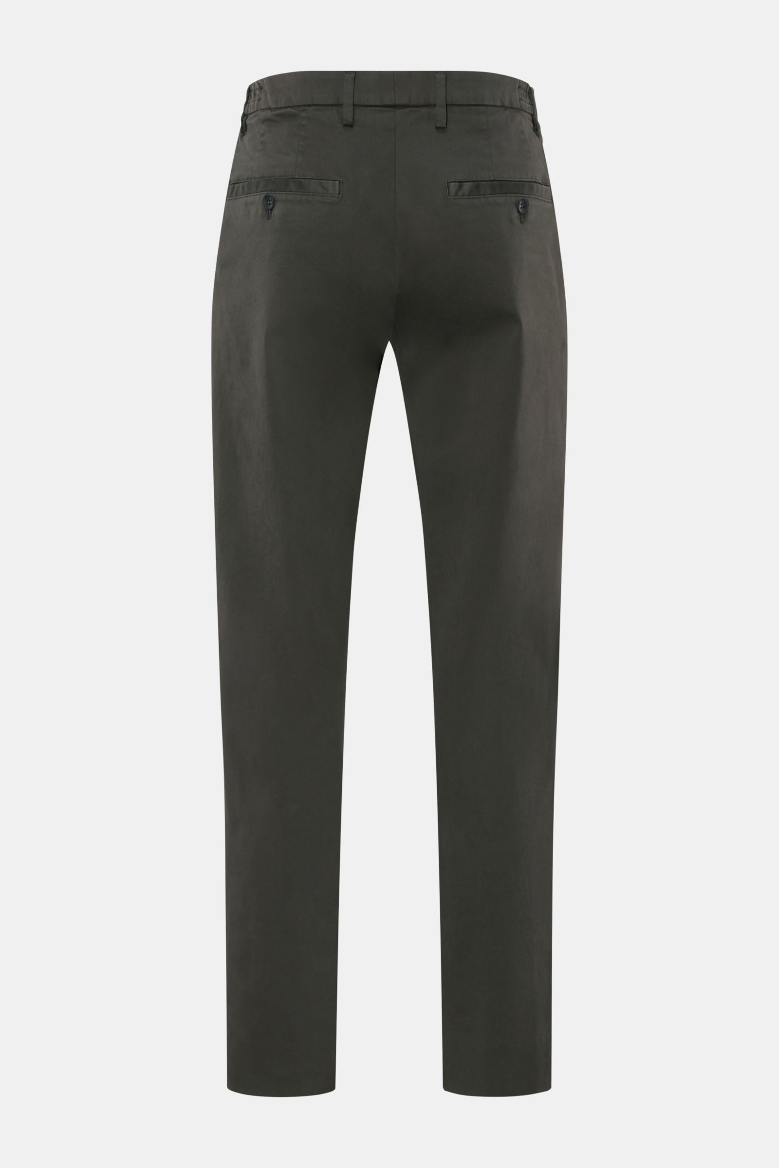 Rear view of GTA Cotton trousers 'Dennis' dark grey, tapered fit with elasticated waistband, French pockets, buttoned back pockets, and fixed hem turn-up. The cotton trousers 'Dennis' by GTA are defined by their soft feel and feature an elasticated wai