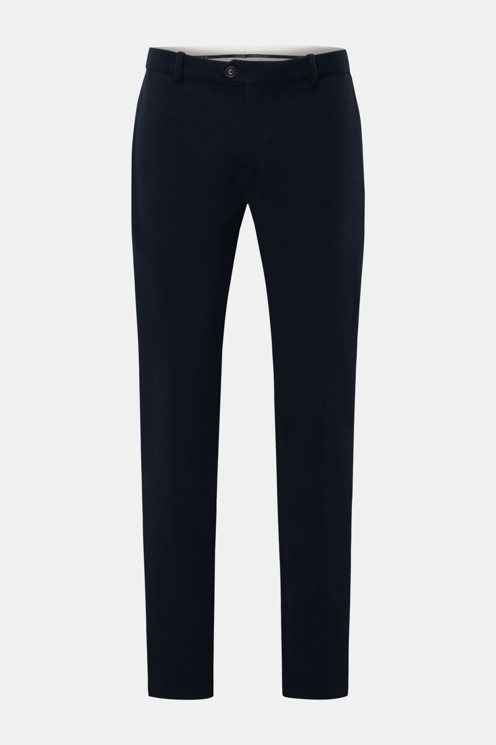 Front view of Circolo 1901 Jersey-Hose navy, soft cotton flannel-jersey with stretch, regular fit, narrow leg, zipper, and button details.

Description: Weicher Flanell-Jersey aus Baumwolle mit angenehmem Stretch-Anteil verbindet sich mit diesem außerg