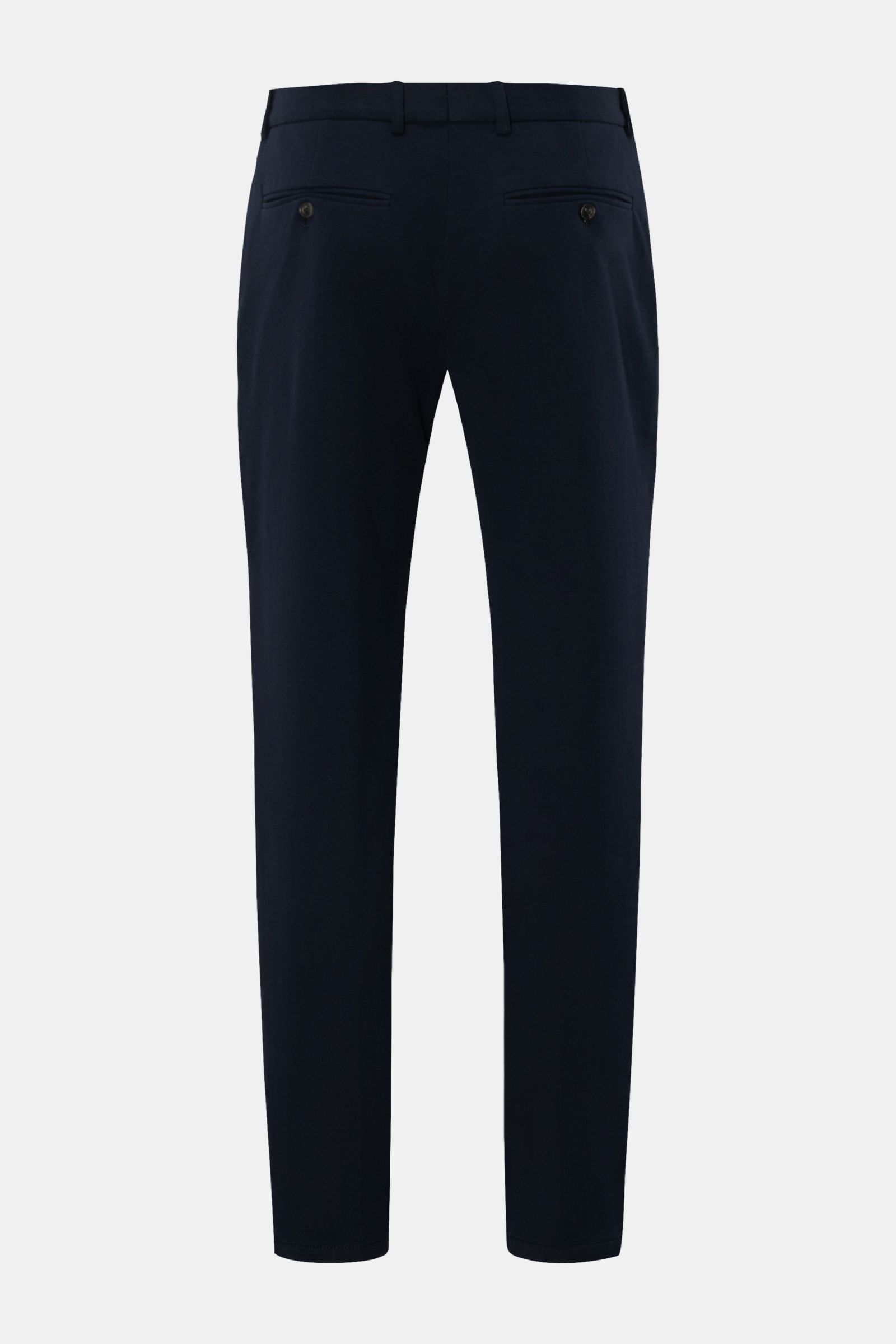 Circolo 1901 Jersey-Hose navy shown from the back, made of soft cotton flannel jersey with stretch, regular fit, tapered legs, zipper and button closure, French pockets, and buttoned back pockets. Weicher Flanell-Jersey aus Baumwolle mit angenehmem Str