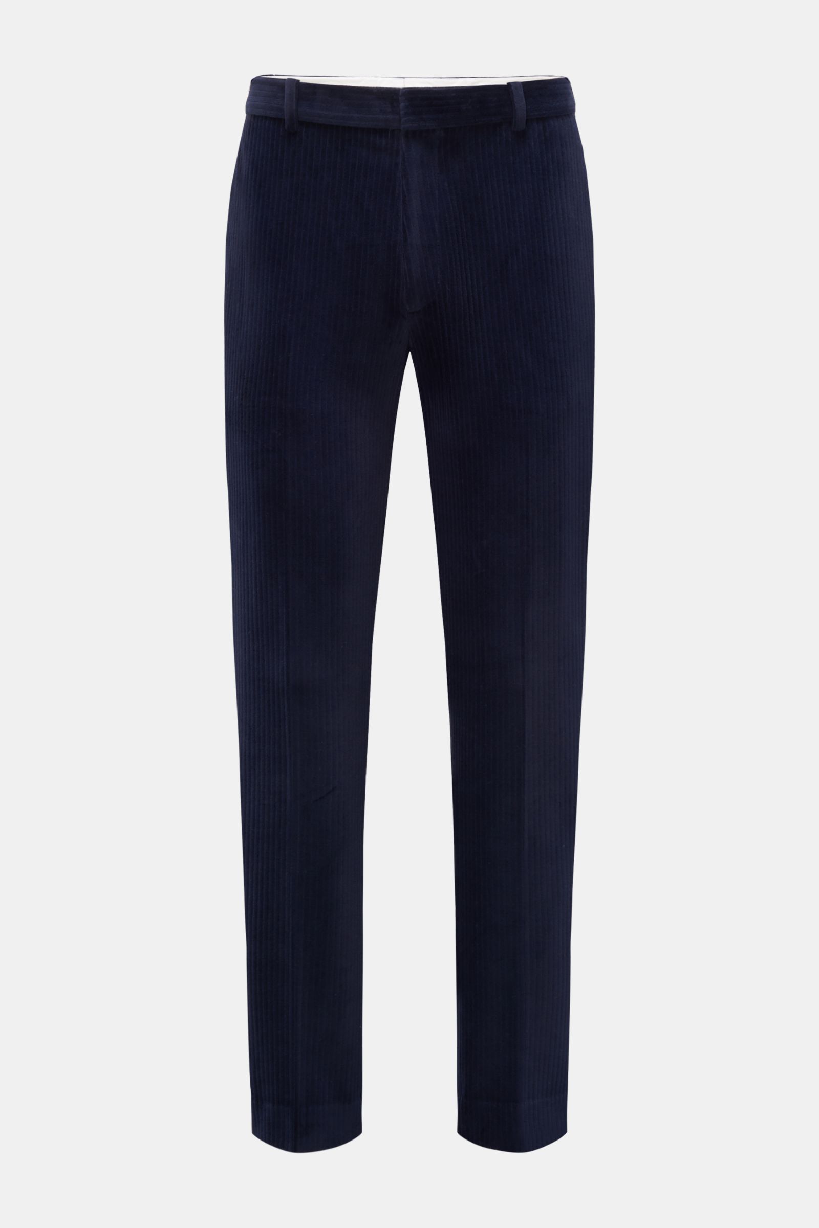 Circolo 1901 Cordhose navy, Slim Fit Jersey-Hose mit markanter Cordstruktur, Reißverschluss, Bundhaken, französischen und Knopf-Gesäßtaschen, frontale Sicht.