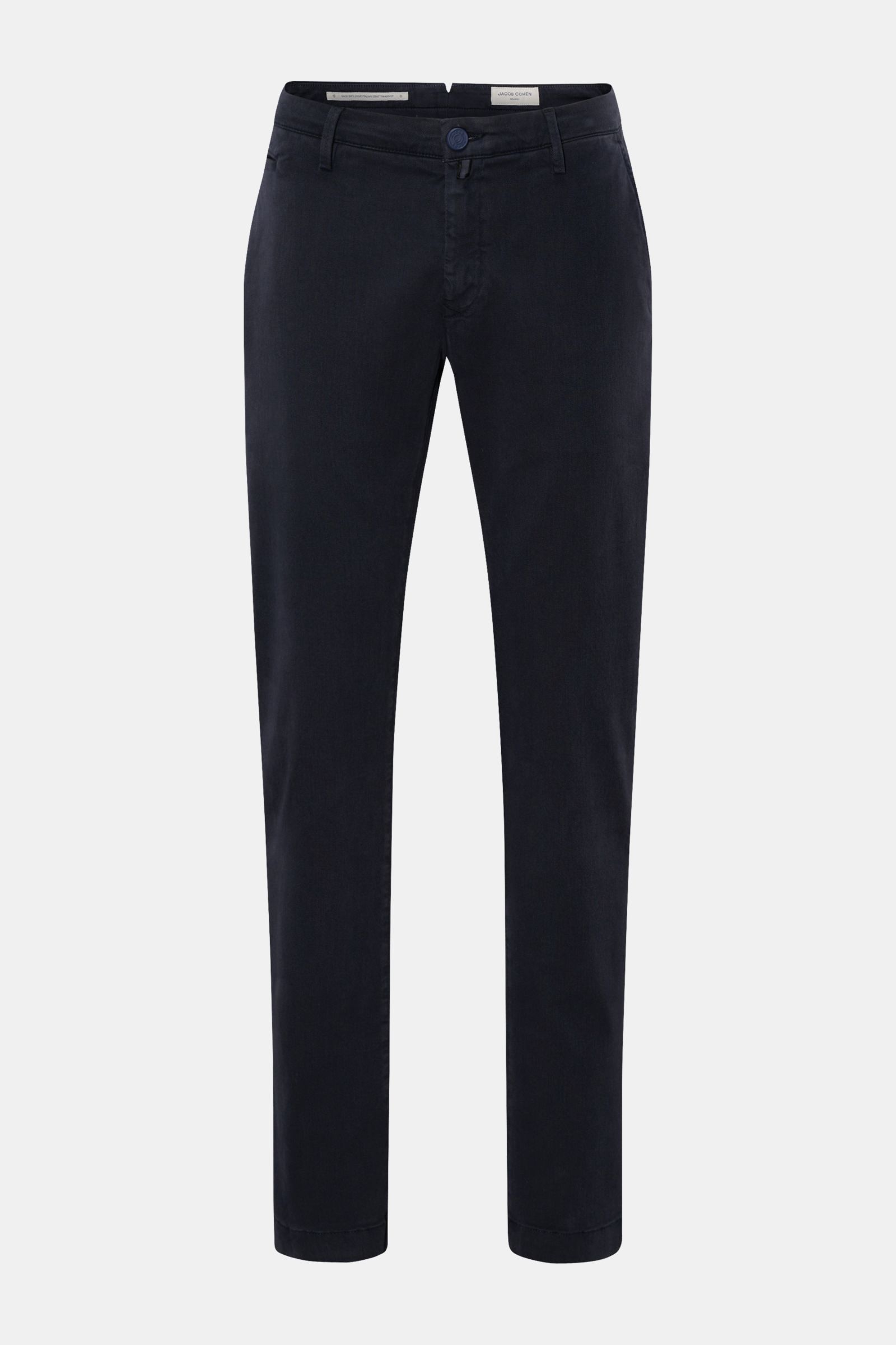Front view of Jacob Cohen Chino 'Bobby' navy, slim fit cotton and lyocell twill pants with low rise, garment dyed, zipper, button, French pockets, coin pocket, back pockets with buttons, and small suede patch, showcasing precise Italian craftsmanship.