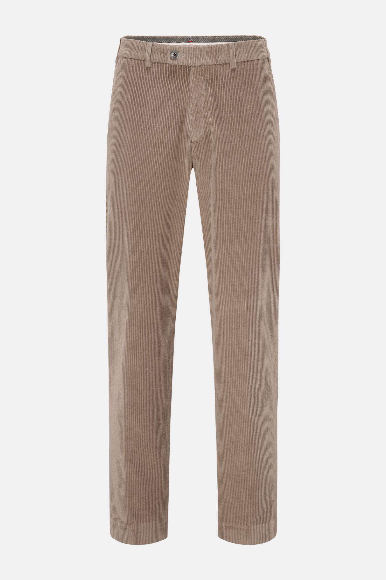 Hiltl Cordhose 'Parma' taupe aus samtigem Baumwollcord, Regular Fit, gerader Schnitt, mit Reißverschluss, Bundknopf, französischen Taschen, frontal fotografiert.