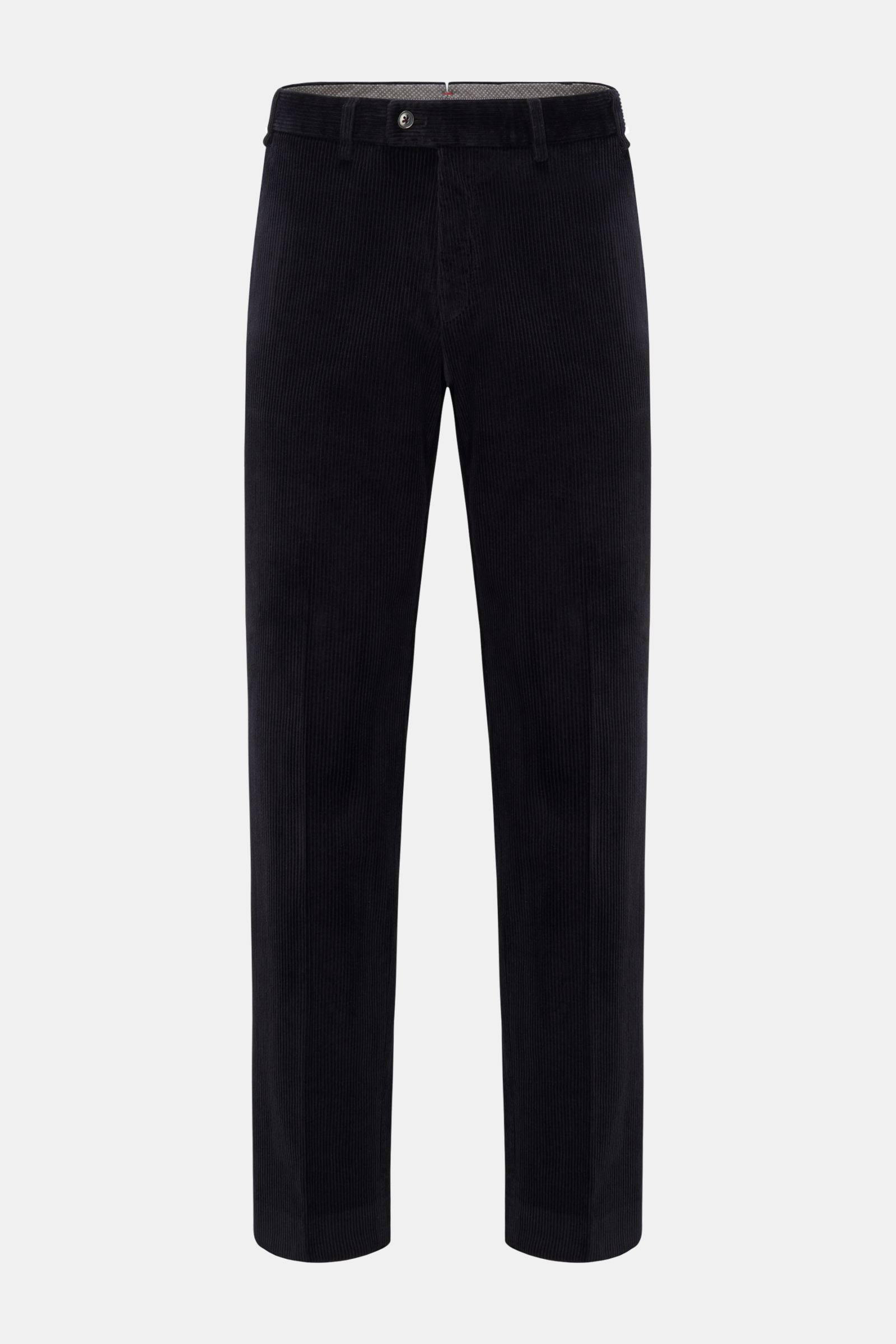 Hiltl Cordhose 'Parma' navy aus samtigem Baumwollcord, Regular Fit, gerader Schnitt, mit Reißverschluss, Bundknopf und Taschen, Frontalansicht.