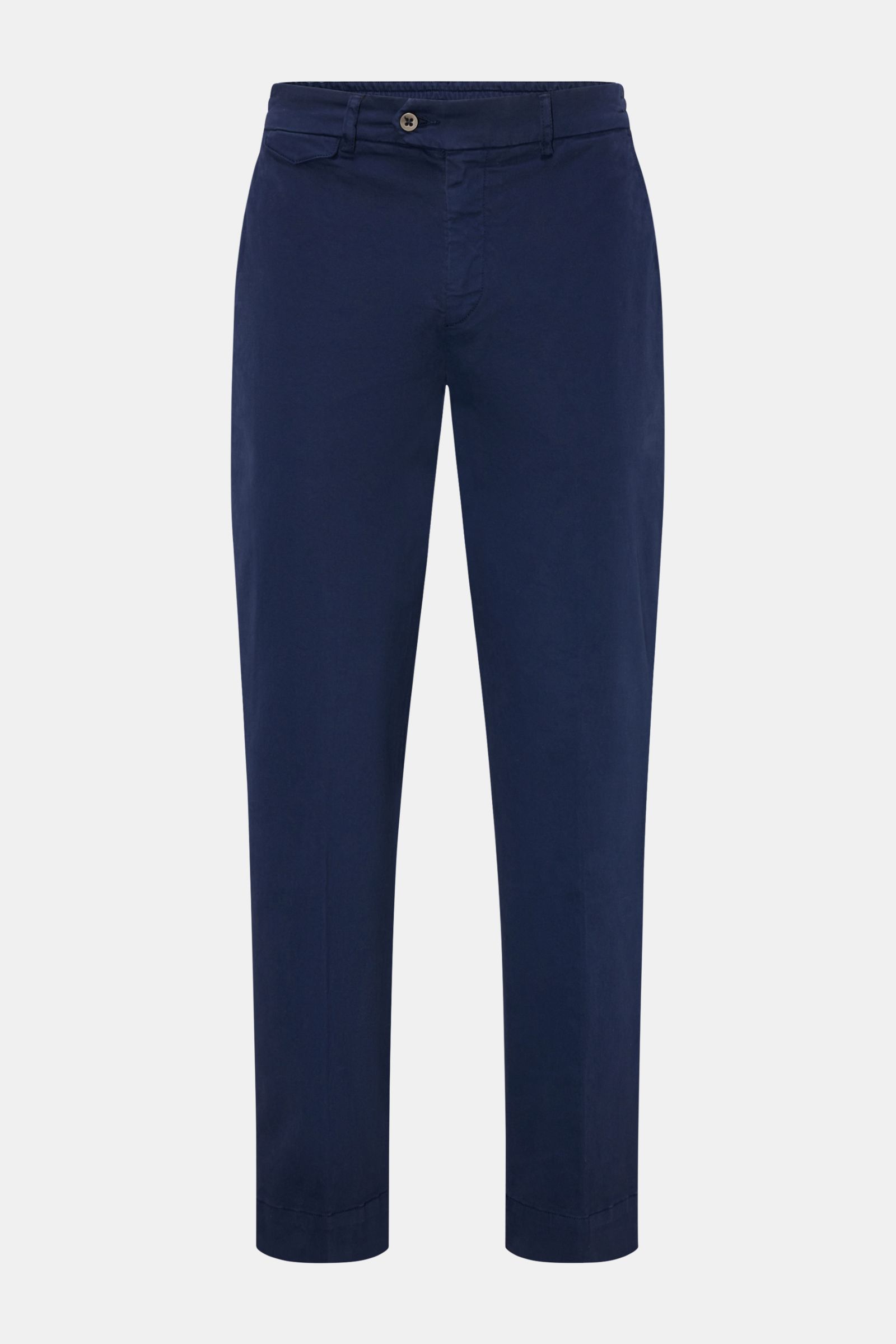 Front view of 04651/ A trip in a bag Cotton trousers 'Flex' navy, modern fit cotton poplin with comfort stretch, tapered, ankle length.
