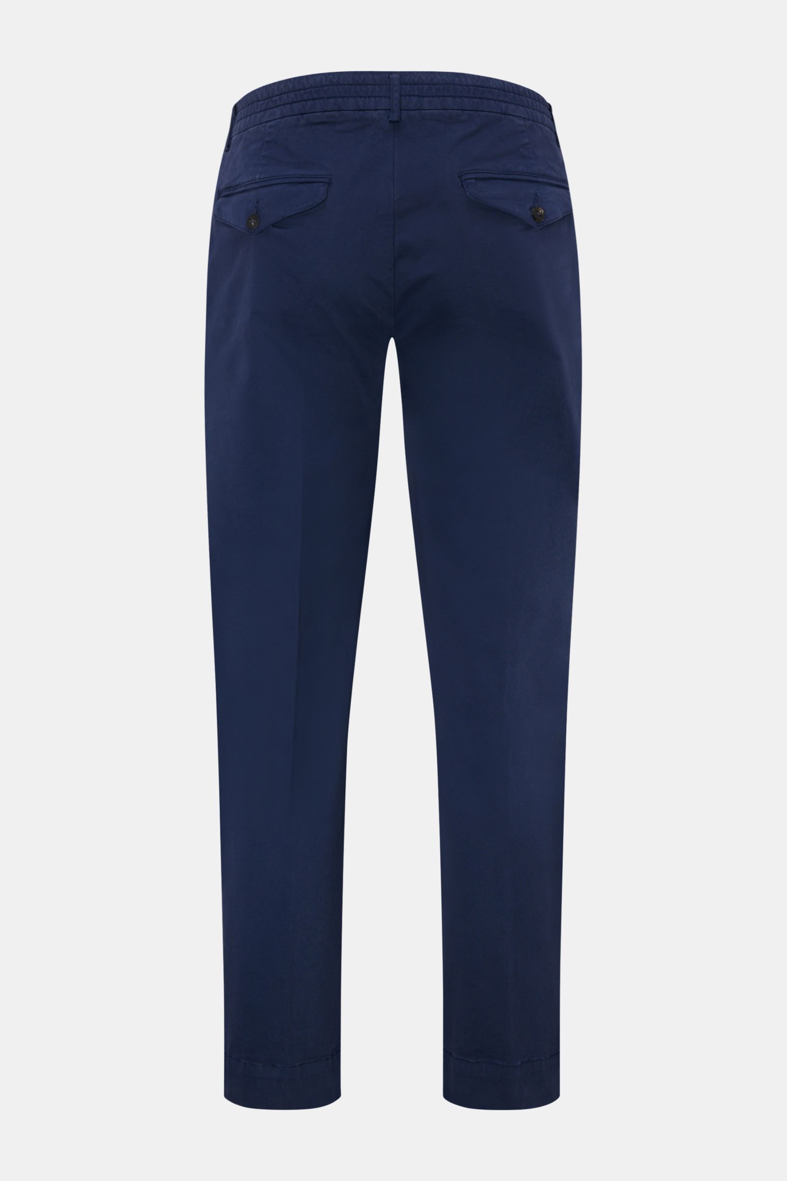 Rear view of 04651/ A trip in a bag Cotton trousers 'Flex' navy, modern fit cotton poplin with stretch, tapered ankle-length design.