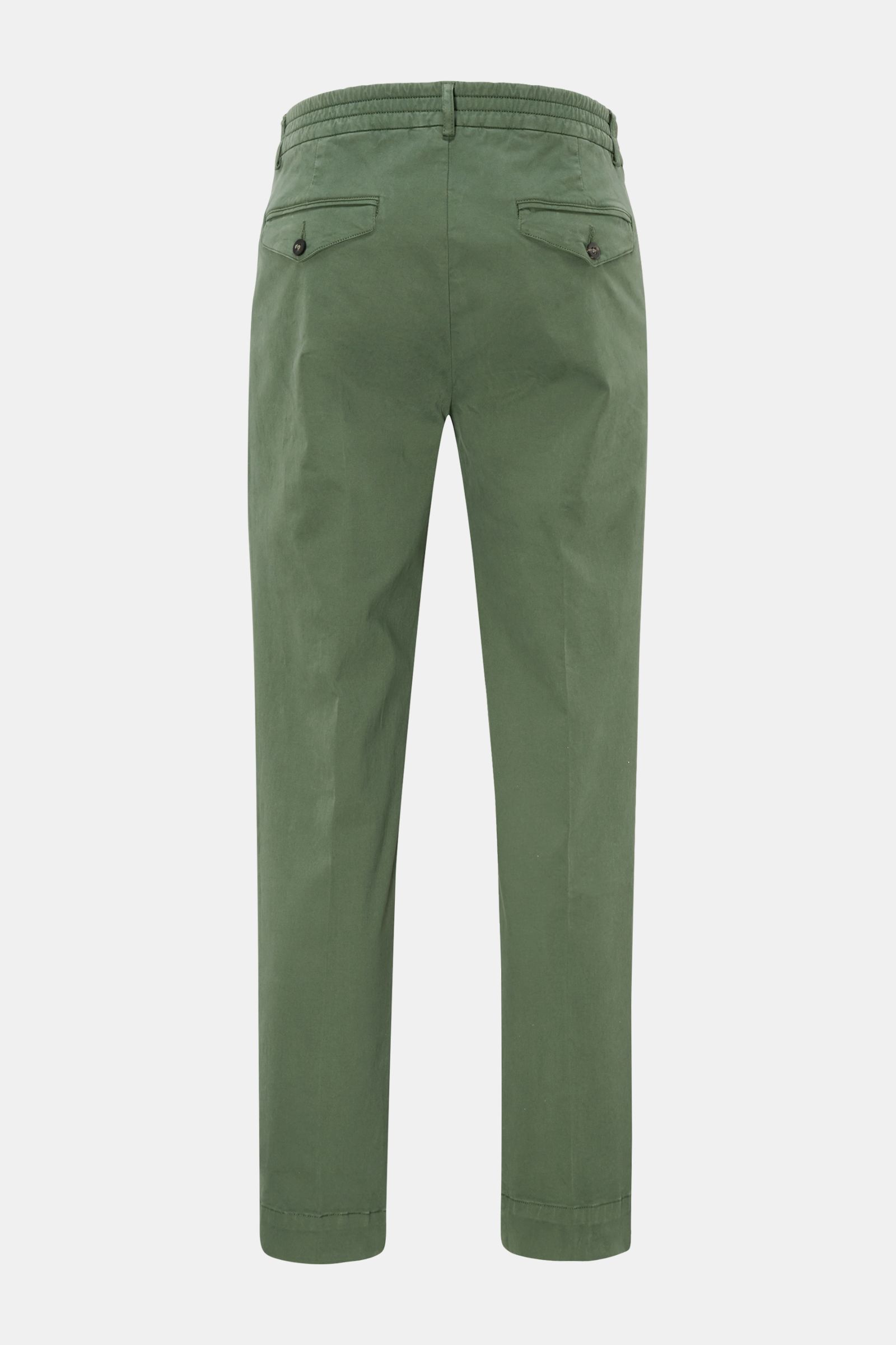 Grüne 04651/ A trip in a bag Baumwollhose 'Flex' von hinten, knöchellang, mit Tapered Fit, teileslastischem Bund, französischen und geknöpften Gesäßtaschen.