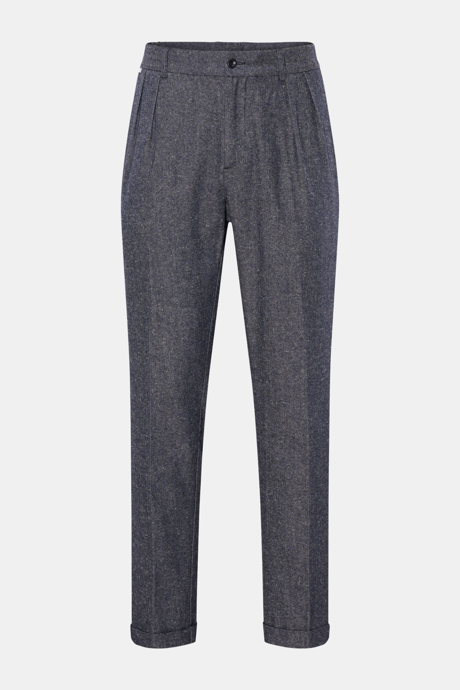 Front view of 04651/ A trip in a bag Hose graublau meliert, tapered fit pants in denim-look fabric with double pleats and cuffed hem. Leger durch den Herbst mit 04651/ A TRIP IN A BAG: Diese Hose im Denim-Look mit edler, doppelter Bundfalte ist vielseitig