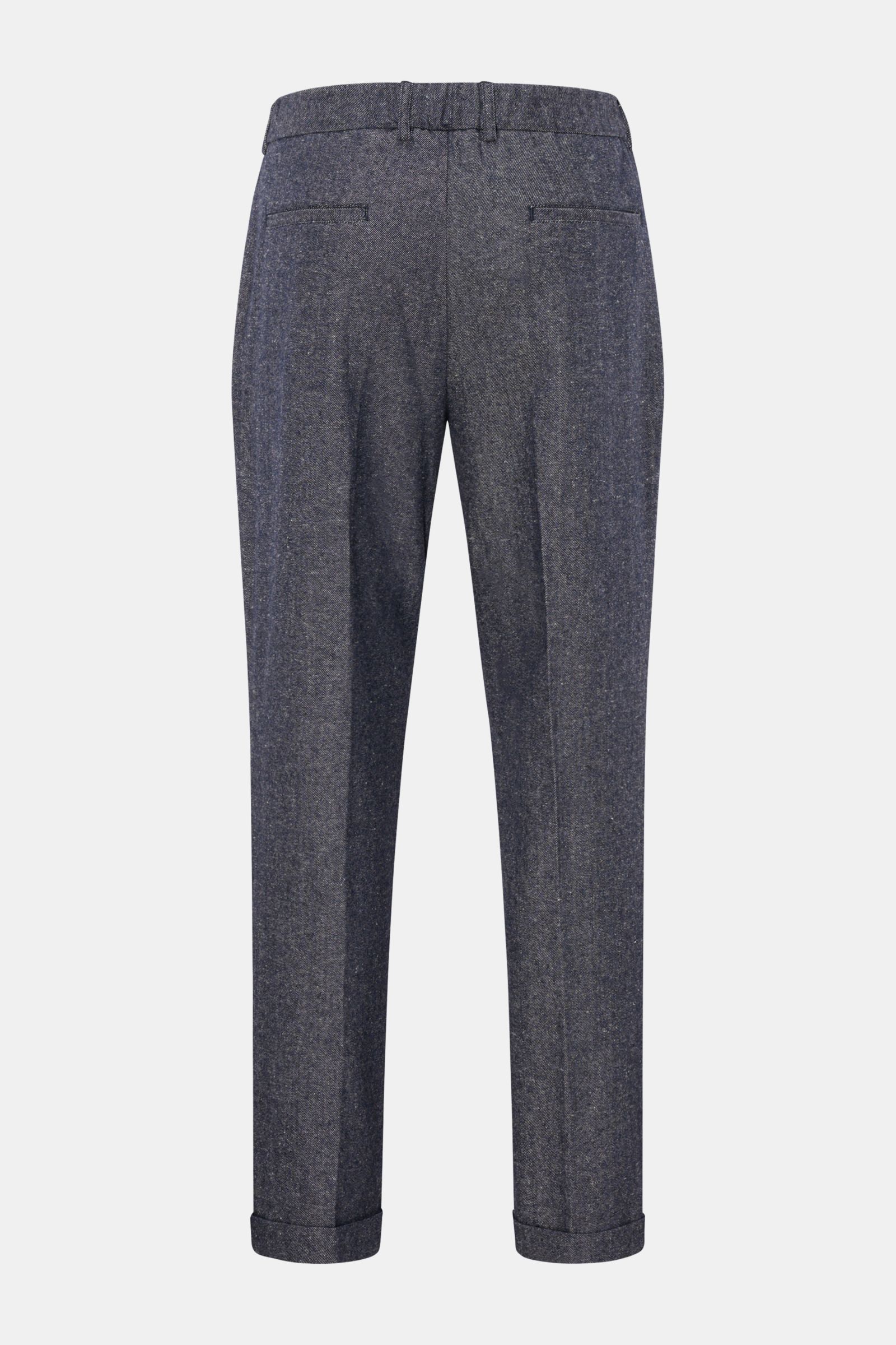 Rear view of 04651/ A trip in a bag Hose graublau meliert, tapered fit trousers with denim-look, double pleats, cuffed ankles, and welt back pockets.