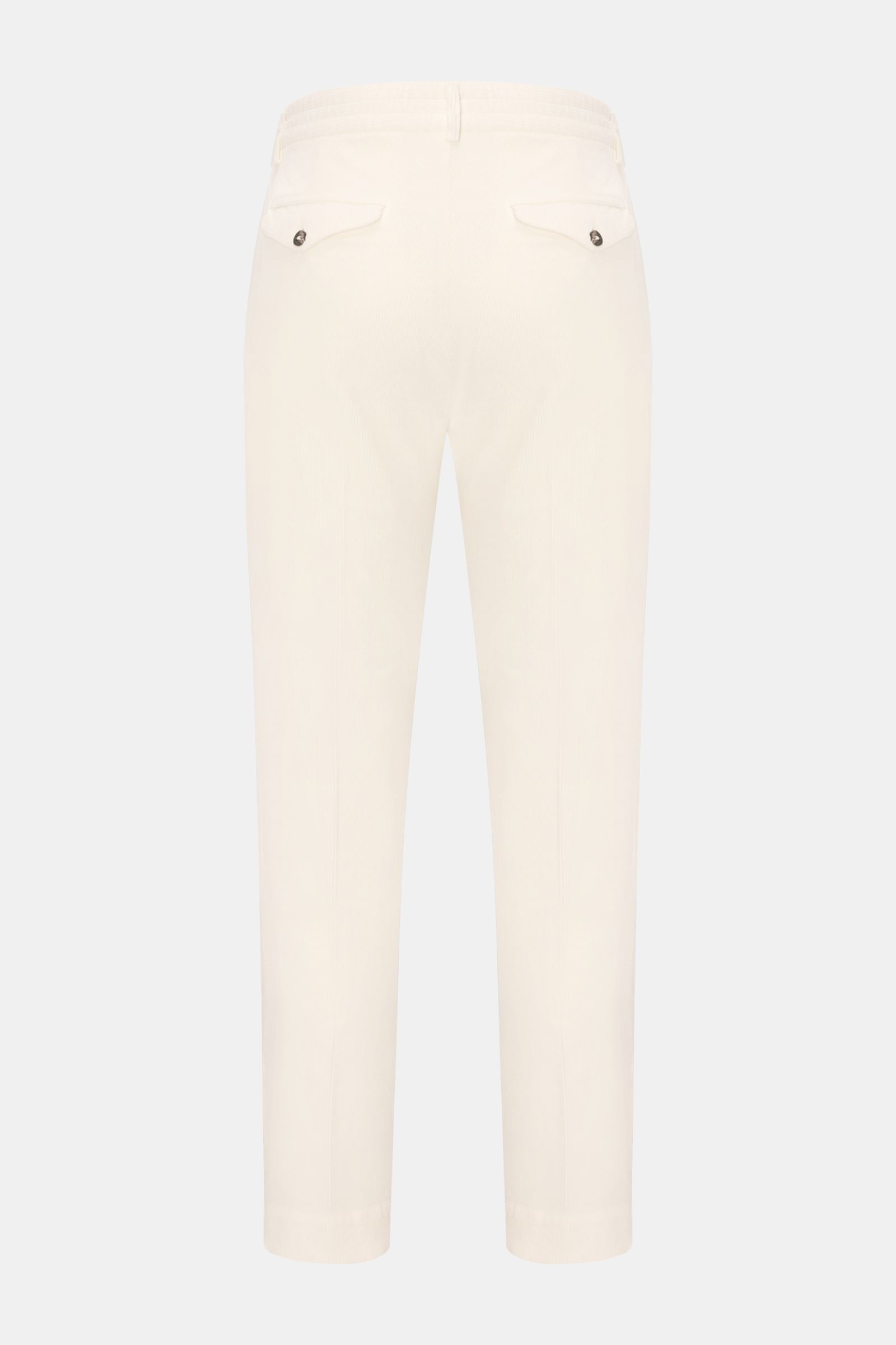 Rear view of 04651/ A trip in a bag Corduroy trousers cream, slim fit ankle-length with button flap back pockets, garment-dyed cotton-modal blend.

Description: Welcome to the Autumn Winter Collection by 04651/ A TRIP IN A BAG – inspired by Finland’s c