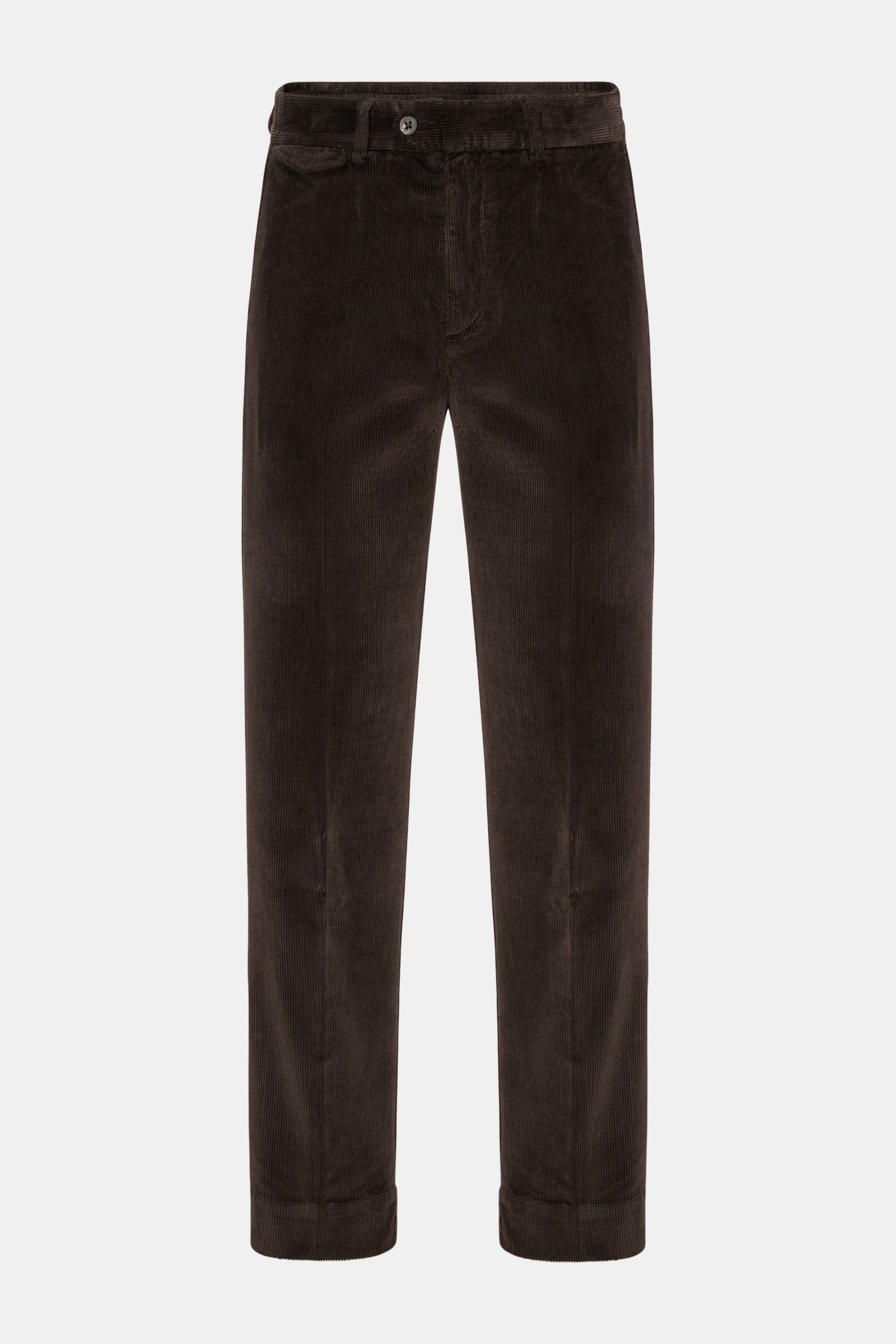Front view of 04651/ A trip in a bag Cordhose dunkelbraun, a slim fit, ankle-length brown corduroy pant with garment dyed cotton and modal fabric, featuring a partly elastic waistband, zipper, button, French pockets, small watch pocket, and buttoned flap 