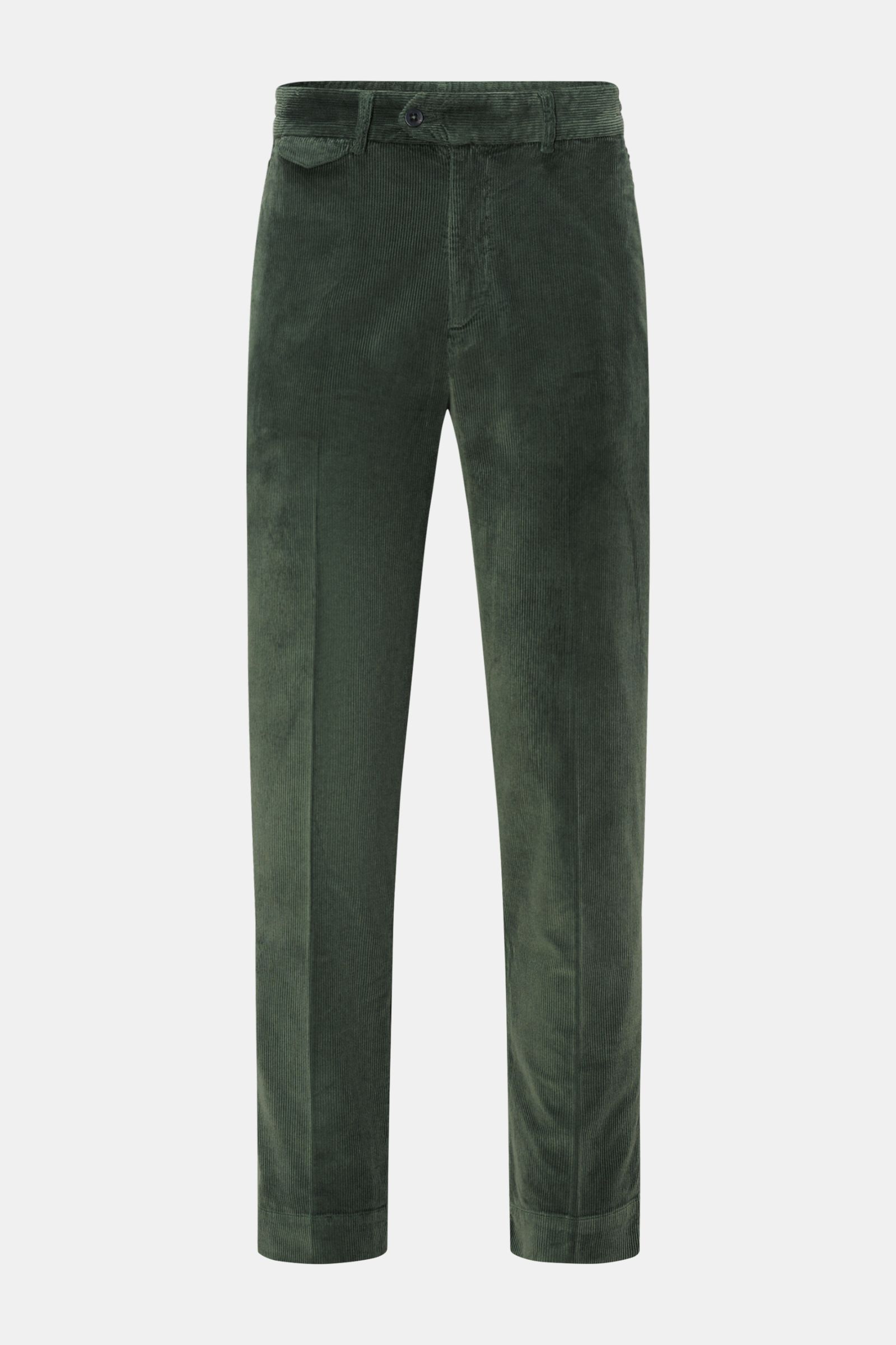 04651/ A trip in a bag Cordhose grün aus Baumwoll-Modal-Cord, slim fit, knöchellang mit teilelastischem Bund, Taschen, Reißverschluss, frontal fotografiert.