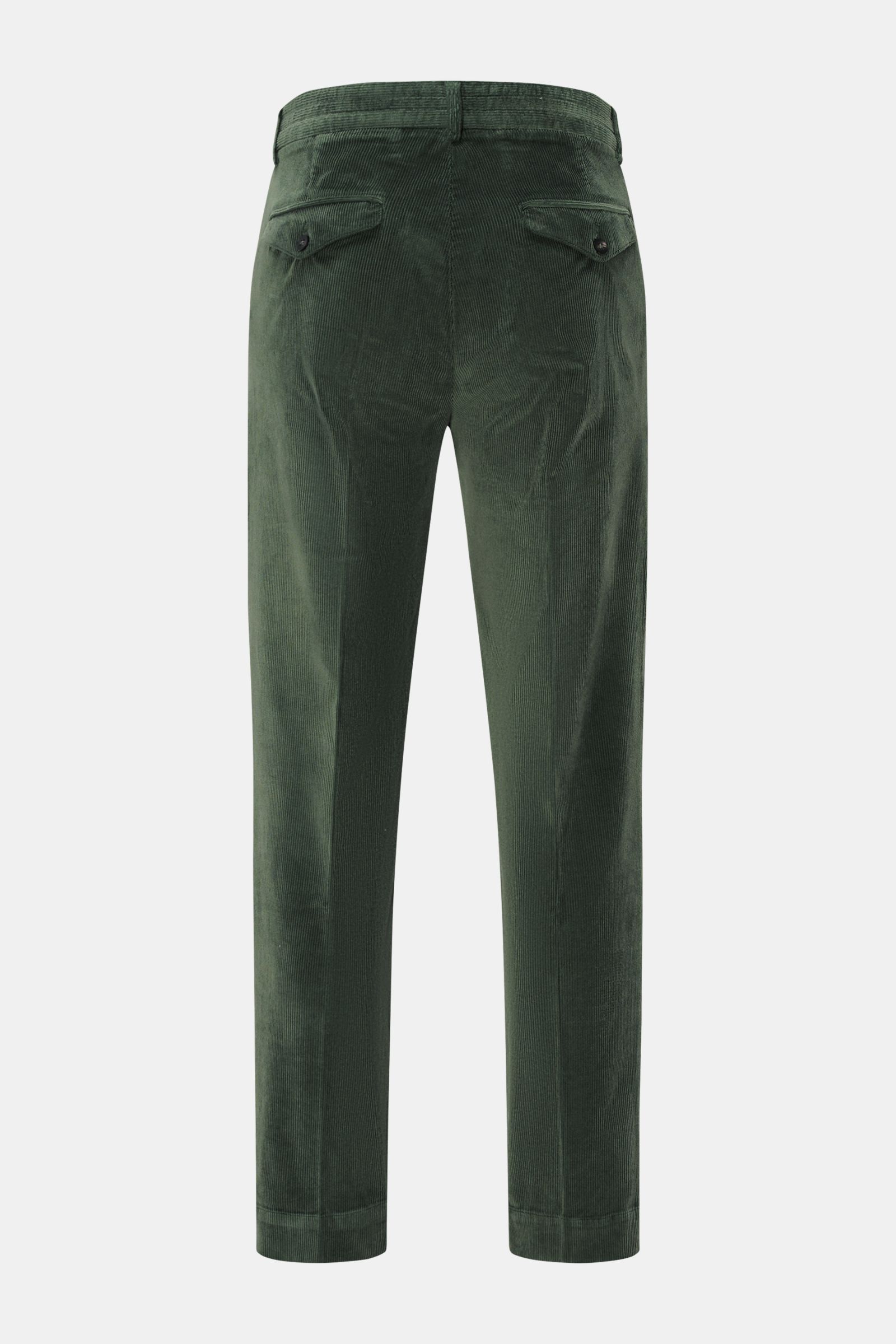 Grüne 04651/ A trip in a bag Cordhose aus Baumwoll-Modal-Cord, slim fit, knöchellang, mit teil-elastischem Bund, Reißverschluss, Knopf, Taschen, Rückansicht.