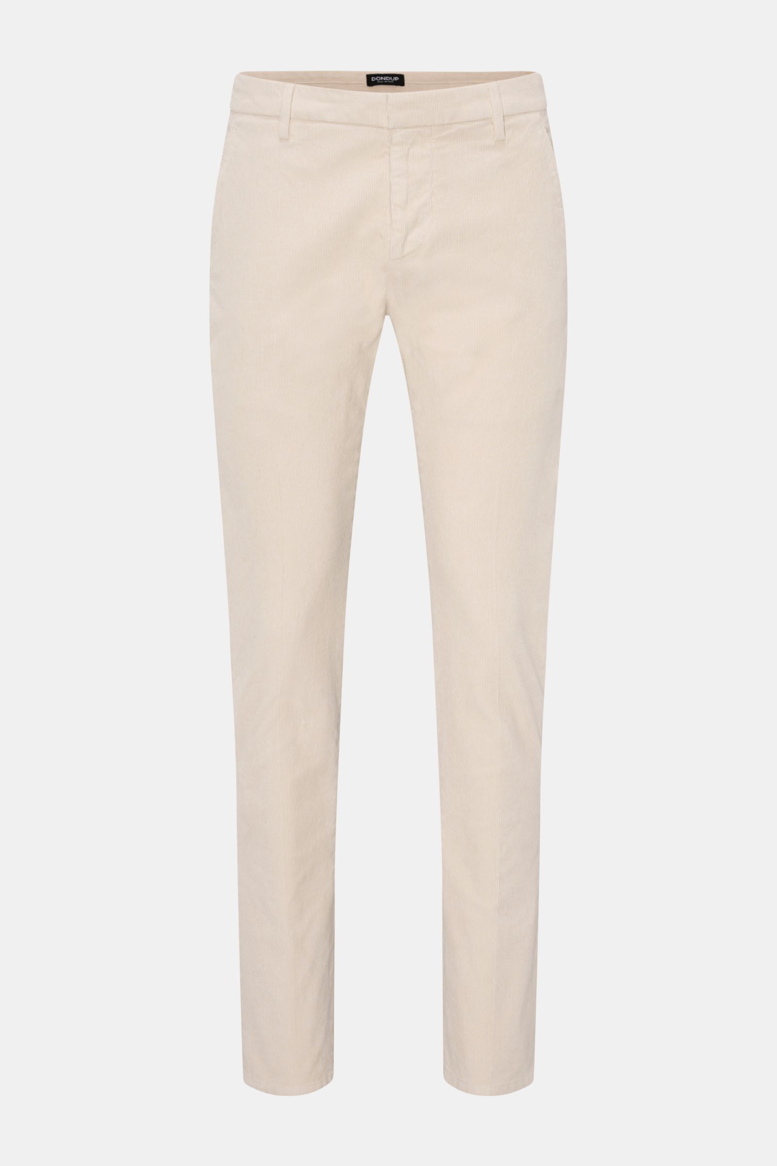 Dondup Cordhose 'Gaubert' creme, feincord Baumwolle mit Stretch, Slim Fit, vorne fotografiert, französische Taschen, Gesäßtaschen mit Knopf.