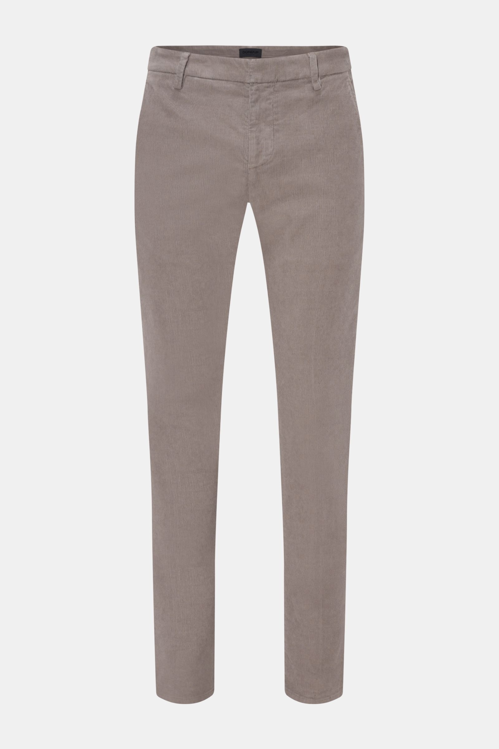 Dondup Cordhose 'Gaubert' grau, feiner Baumwoll-Feincord mit Stretch, Slim Fit, schmal zulaufend, Reißverschluss, französische Taschen, frontal fotografiert.