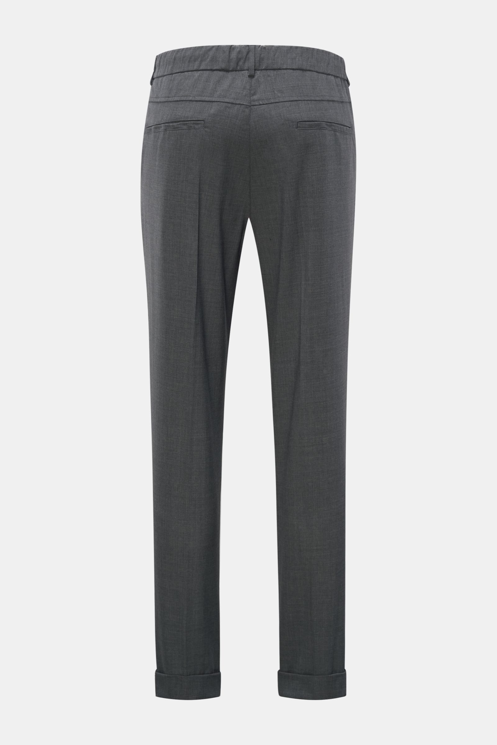 The Product is the Hero Woll-Jogpants dunkelgrau, Rückansicht, knöchellang, tapered Fit, leicht elastische Schurwolle, Bund mit Tunnelzug, französische Taschen.