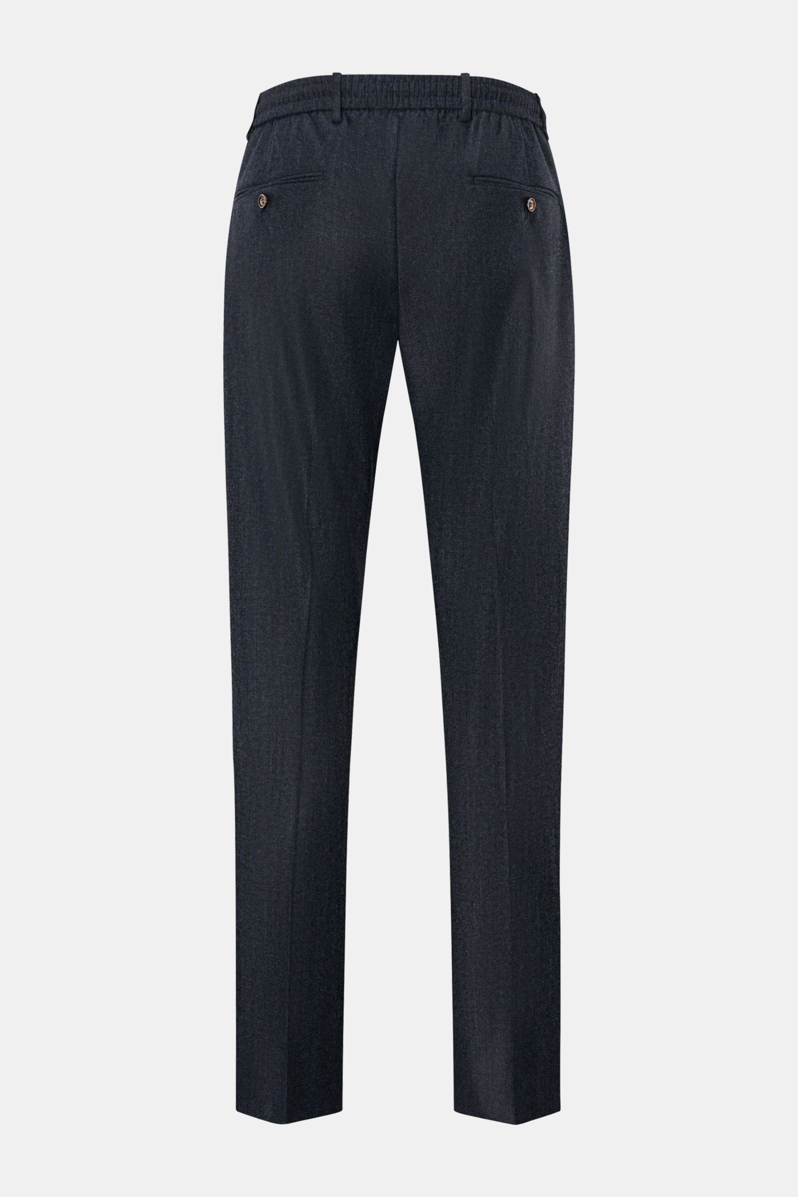 Rear view of Moorer Woll-Jogpants 'Anton' dunkelblau meliert in pure new wool, soft touch, regular fit, tapered legs, elastic waistband with drawstring, zipper and button, simple front crease, French pockets, welted back pockets, open length.