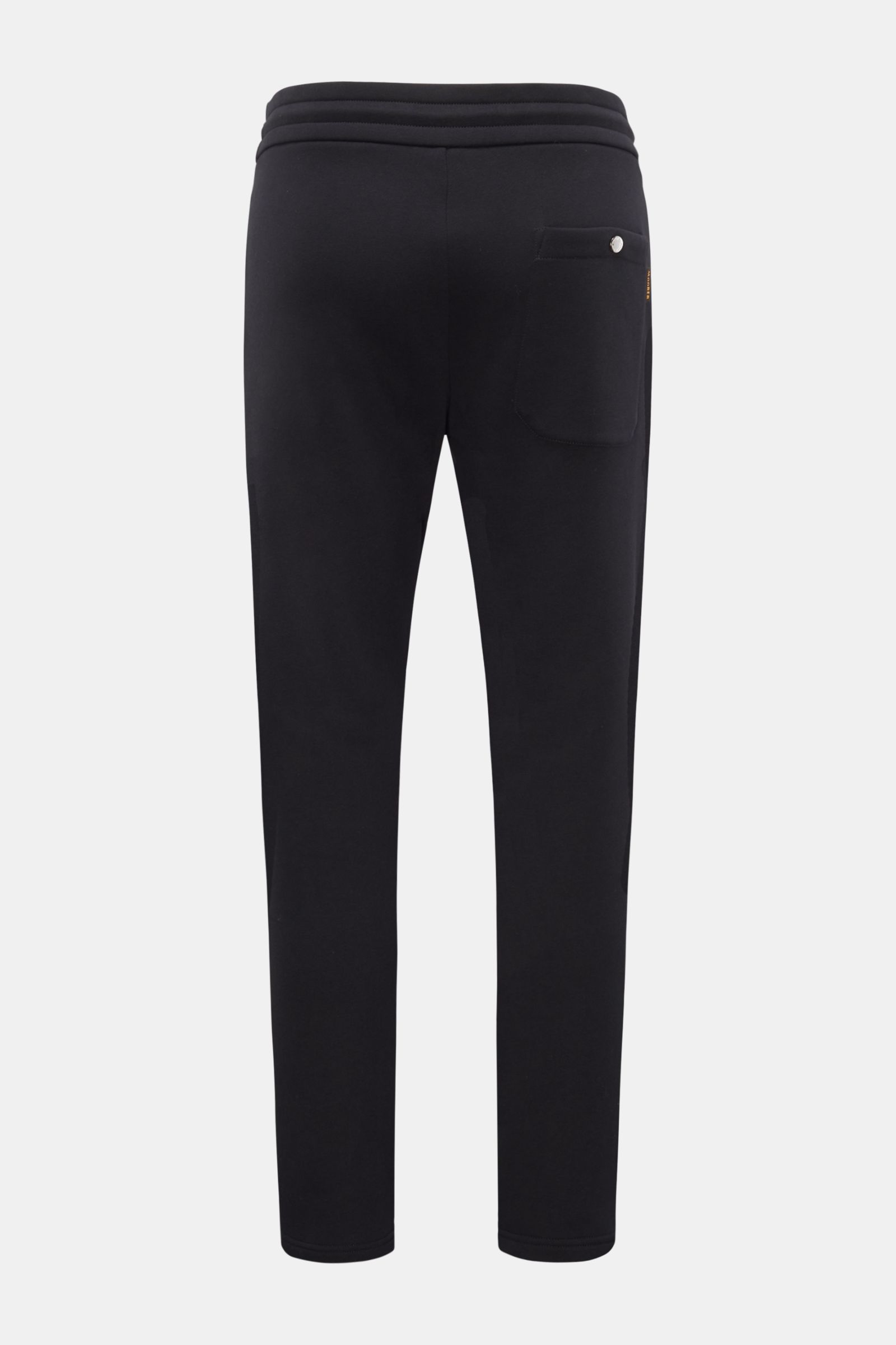 Moorer Sweathose 'Jaiden' dark navy, Rückansicht, Sweat aus reiner Baumwolle, weicher Griff, Slim Fit, elastischer Bund mit Tunnelzug, Seitenstreifen in Kontrastfarbe, französische Taschen, aufgesetzte Gesäßtasche mit Druckknopf.