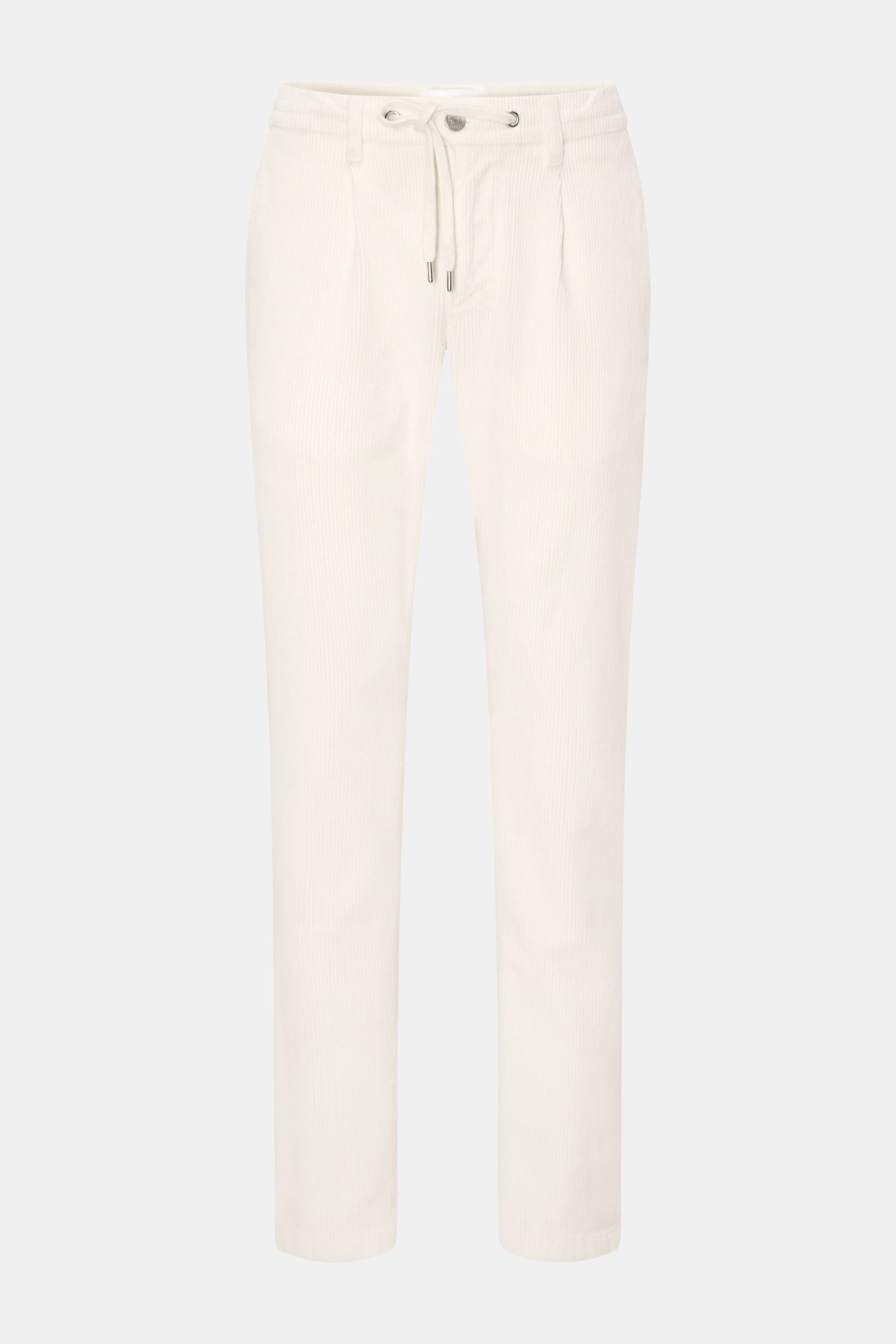 Front view of Ace Denim Corduroy jogger pants off-white in slim fit, tapered cut with elasticated waistband, drawstring, zip, button, single pleat, and French pockets, made of pure cotton with a soft feel. Casual retro charm with a feel-good factor for st