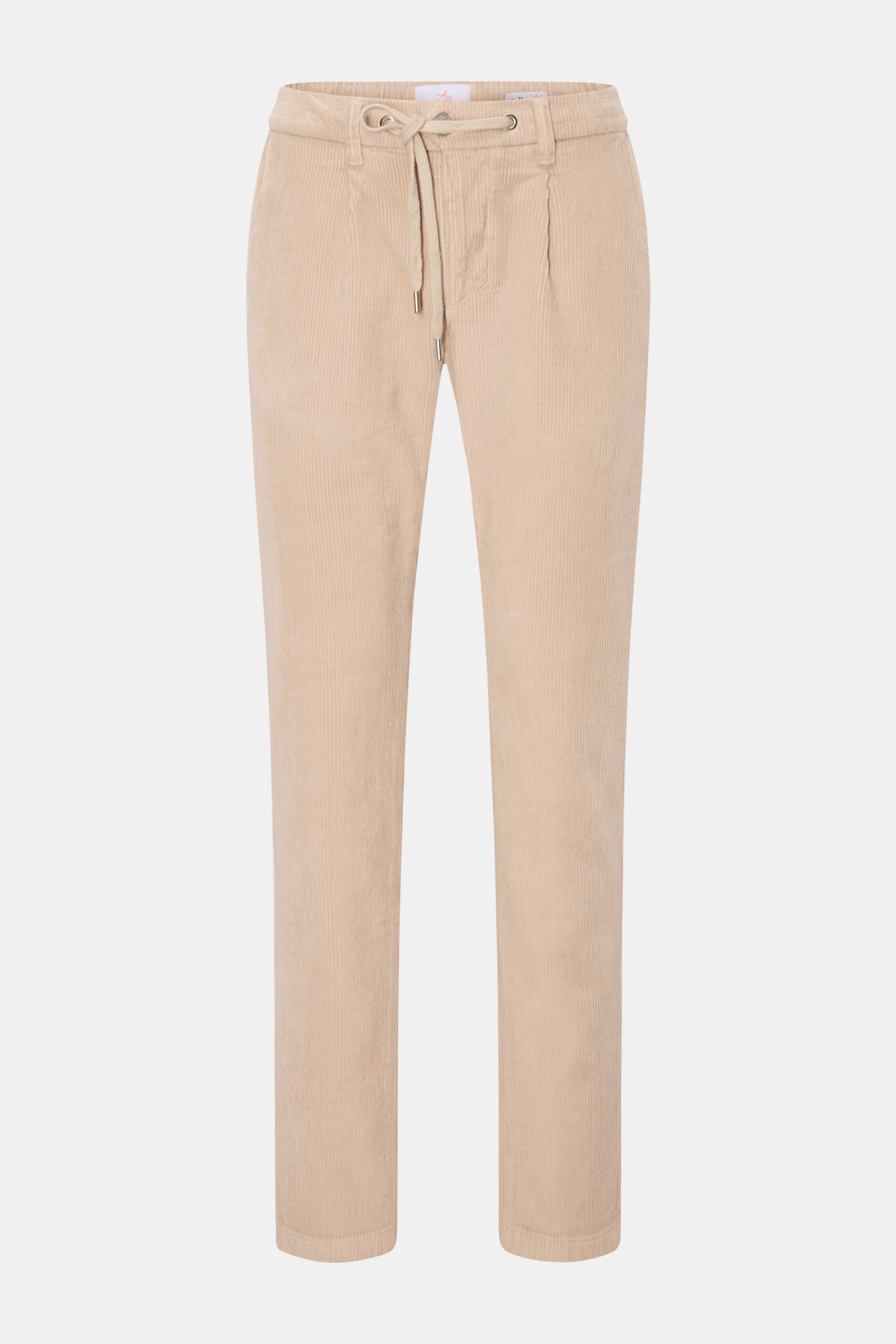 Ace Denim Cord-Jogpants beige aus reiner Baumwolle, Slim Fit, schmal zulaufend mit elastischem Bund, Tunnelzug, Bundknopf, Reißverschluss, französischen Taschen.