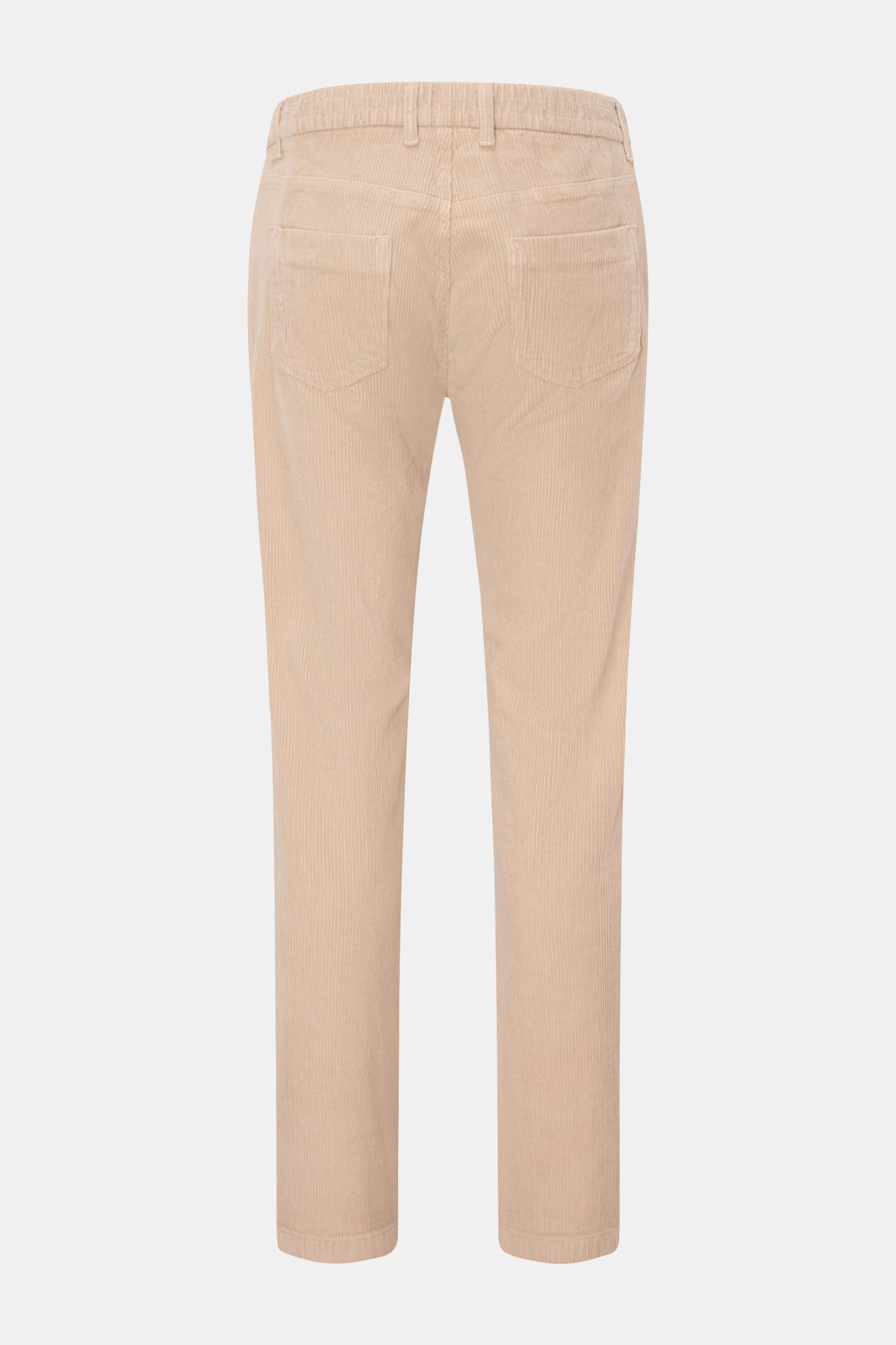 Ace Denim Cord-Jogpants beige, reine Baumwolle, Slim Fit, schmal zulaufend, Rückansicht mit französischen Taschen, elastischem Bund und Bundknopf.
