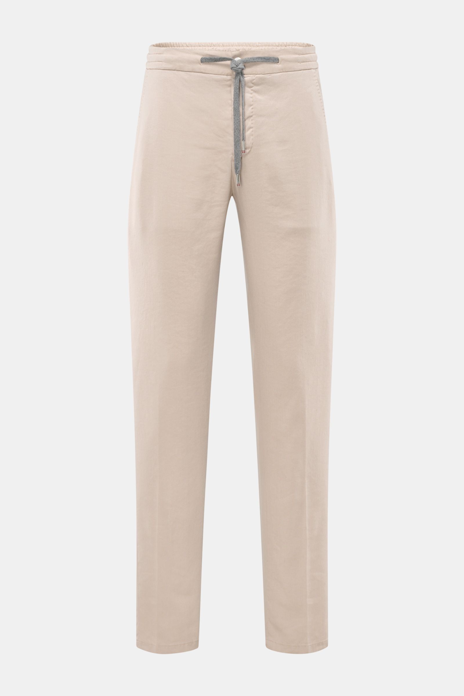 Marco Pescarolo Jogpants 'Caracciolo' beige, frontale Ansicht, leichte Leinen-Mischung, elastischer Bund mit Tunnelzug, schmal zulaufend, Regular Fit.