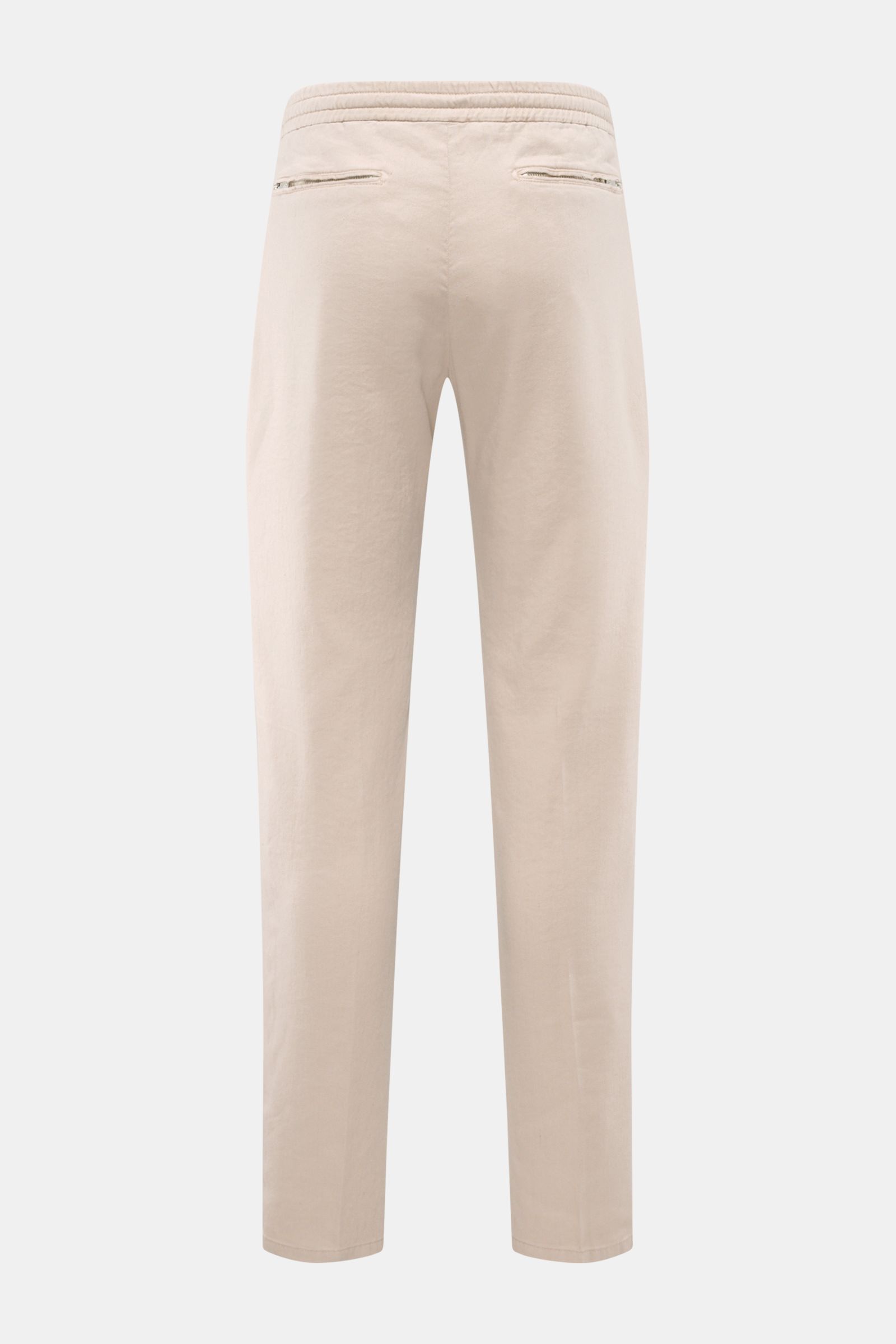 Marco Pescarolo Jogpants 'Caracciolo' beige, Rückansicht, leichte Leinen-Mischung, elastischer Bund, schmal zulaufend, mit Reißverschluss und Bundknopf.