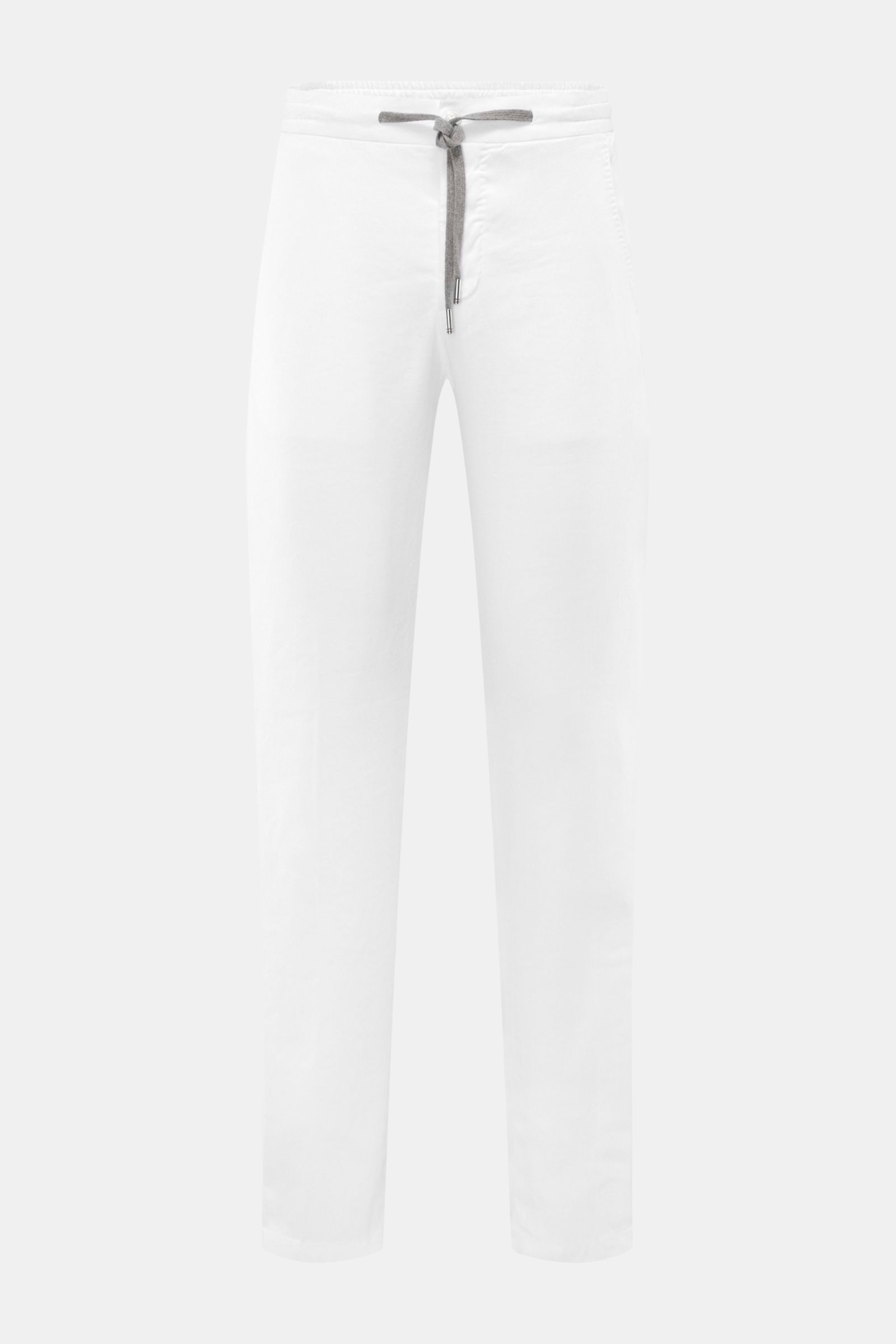 Marco Pescarolo Jogpants 'Caracciolo' weiß, frontale Ansicht, leichte Leinen-Mischung, elastischer Bund, schmal zulaufend, französische Taschen.