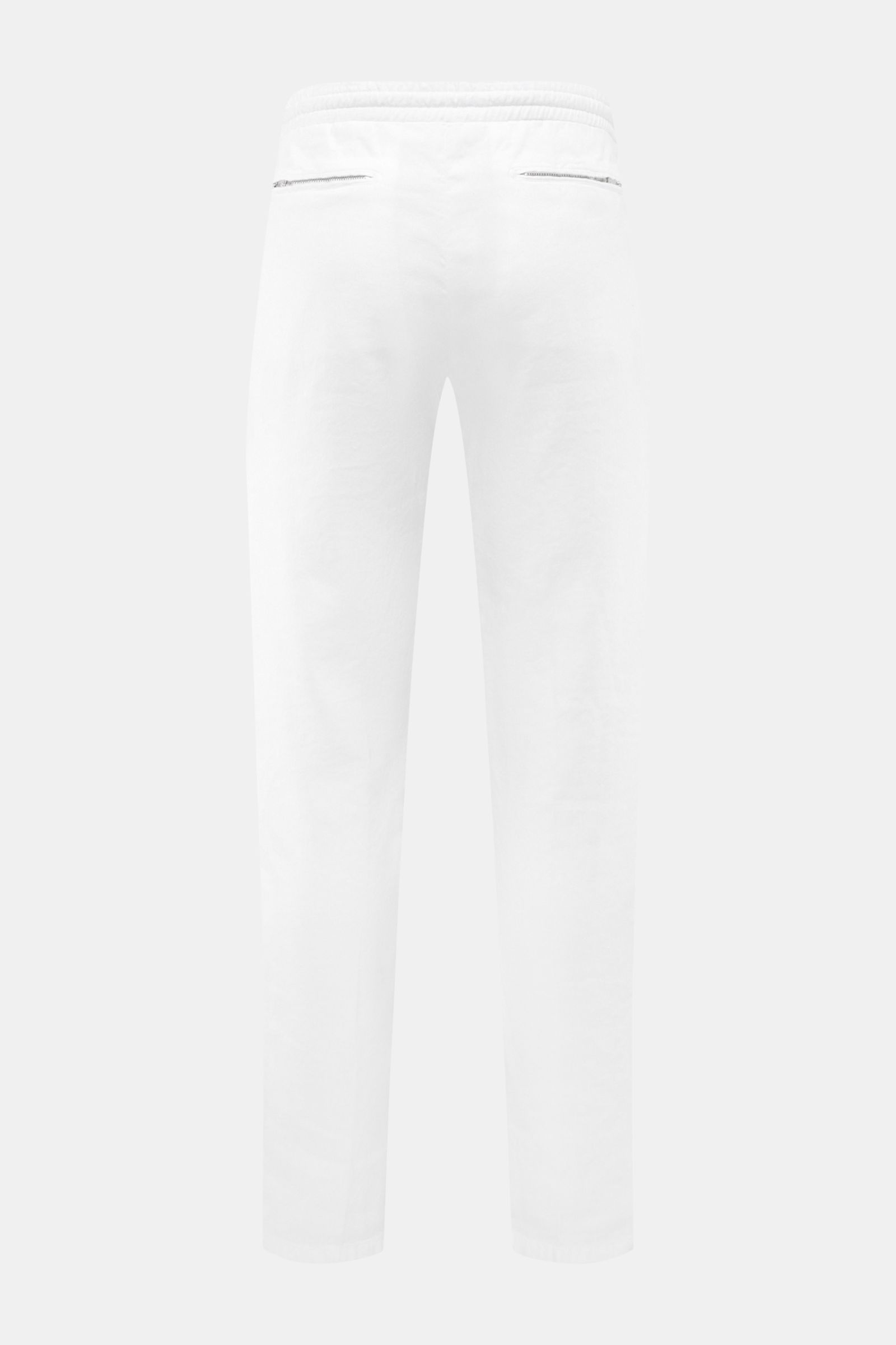 Marco Pescarolo Jogpants 'Caracciolo' weiß, Rückansicht, schmal zulaufend, elastischer Bund, Leinen-Lyocell-Mix, französische Taschen, Saumaufschlag.