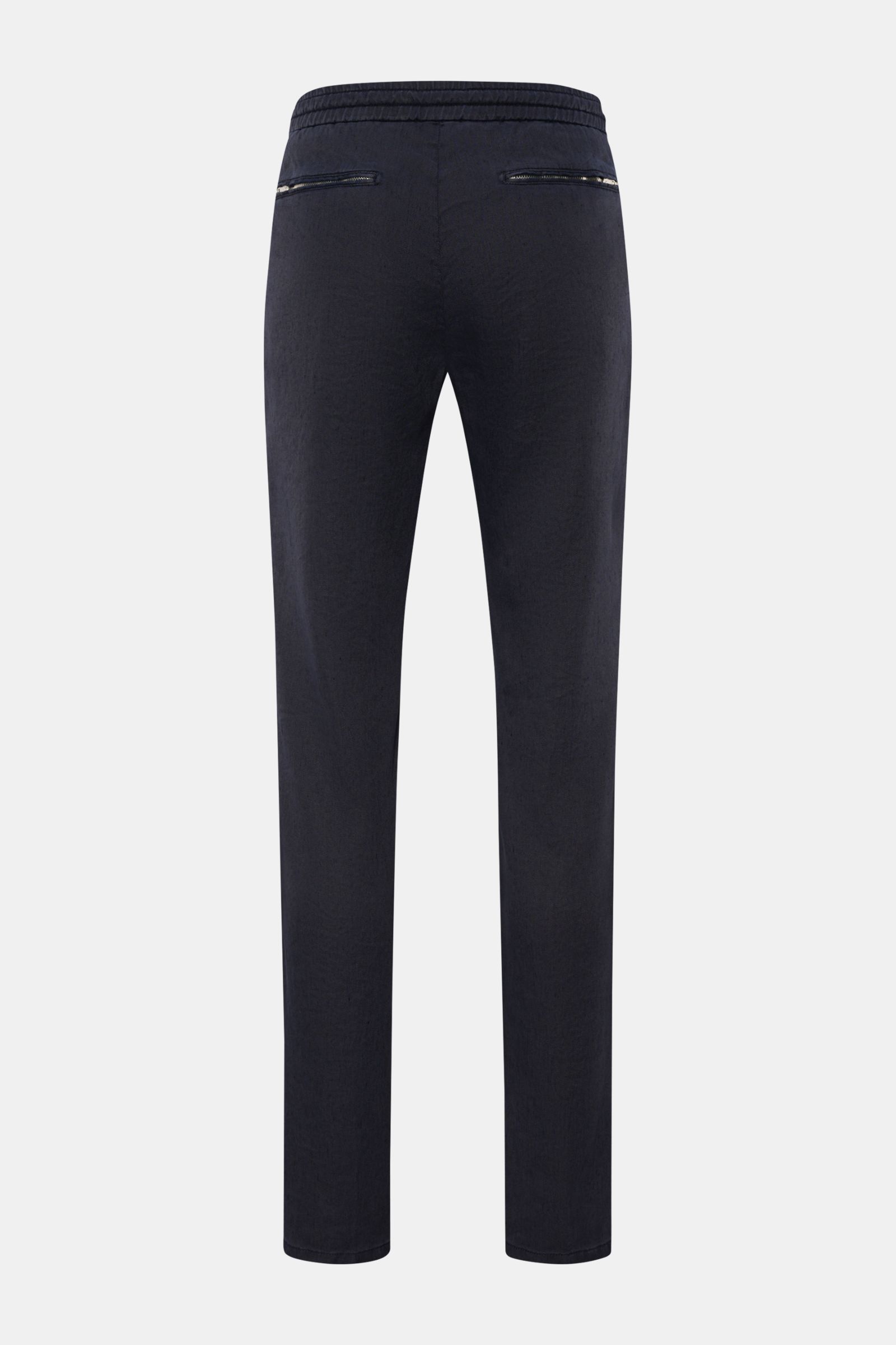 Rear view of Marco Pescarolo Jogger pants 'Caracciolo' navy, elegant jogger pants combining lightweight linen blend with Neapolitan tailoring, featuring elasticated waistband with drawstring, zip and waist button, French pockets, jetted back pockets with 