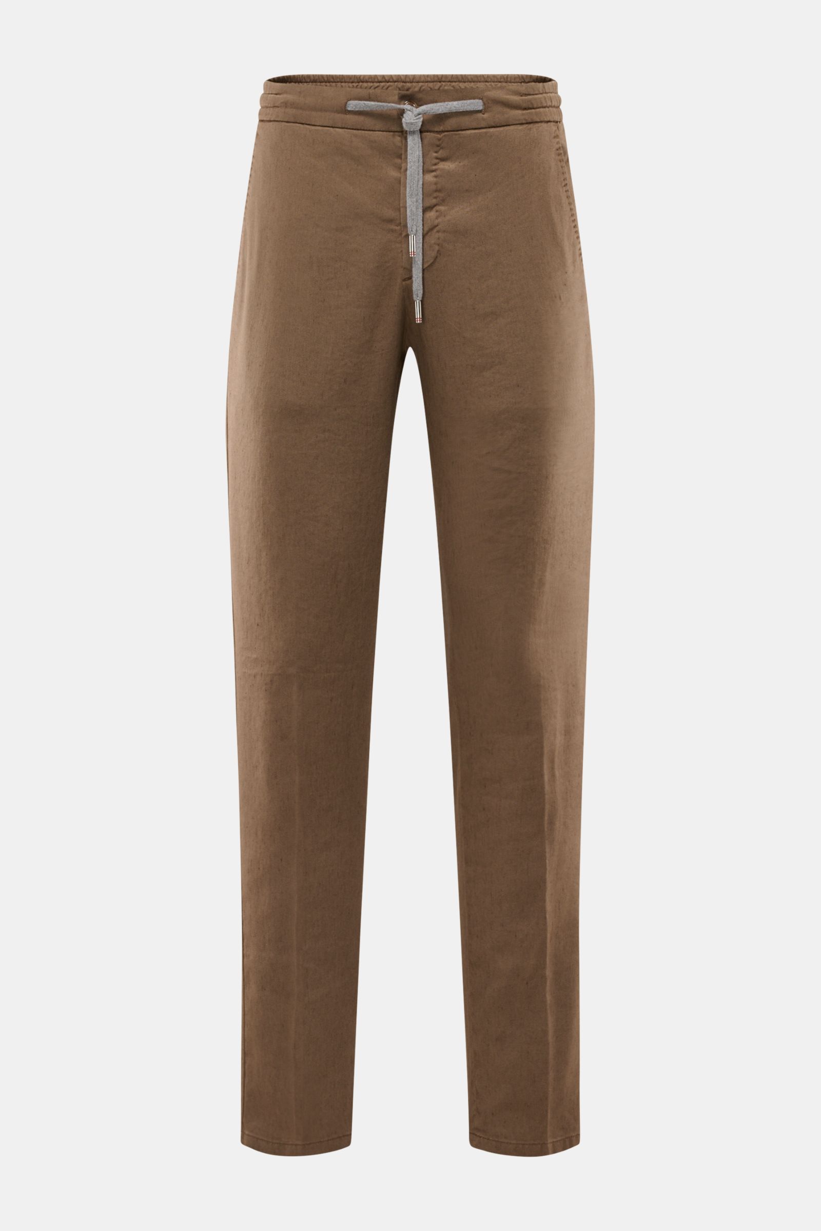 Marco Pescarolo Jogpants 'Caracciolo' braun aus leichter Leinen-Lyocell-Mischung, Regular Fit, schmal zulaufend, mit elastischem Bund und Tunnelzug, Reißverschluss, Bundknopf, französischen Taschen, paspelierten Gesäßtaschen mit Zipper und fixiertem Sauma