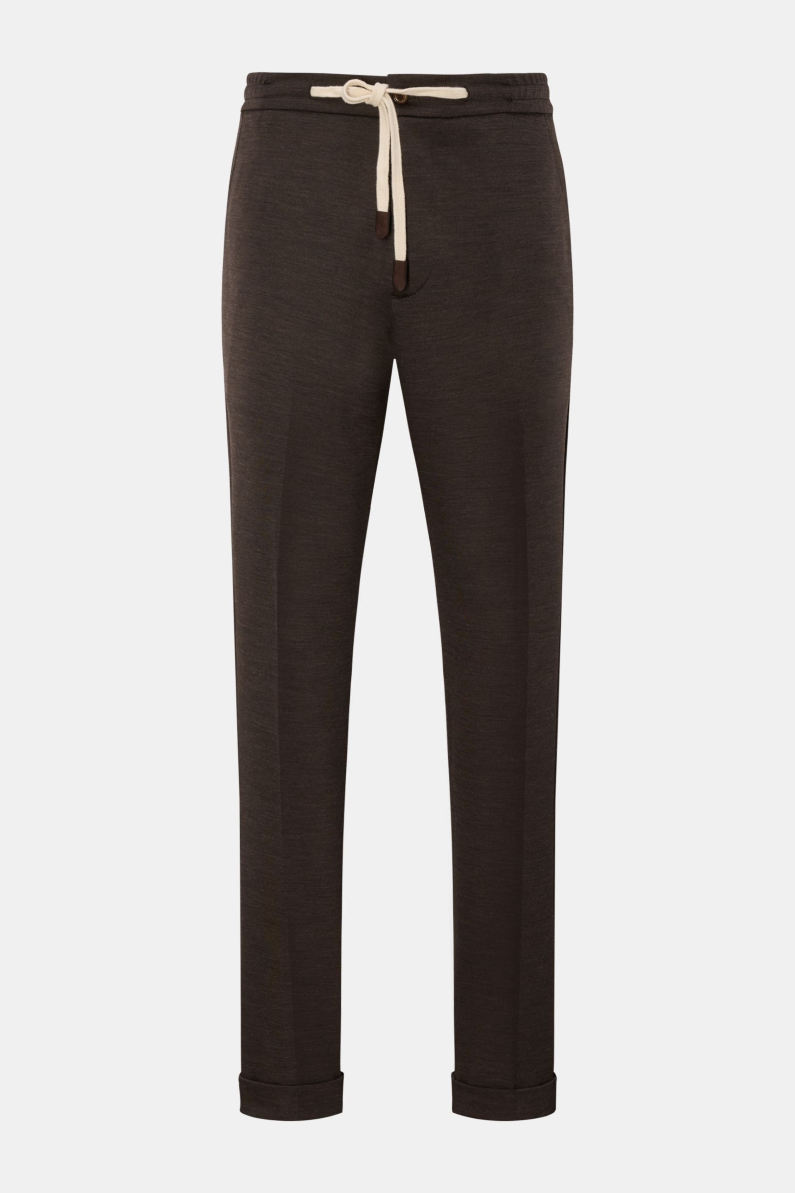 Marco Pescarolo Jogpants 'Caracciolo' dunkelbraun meliert, schmal zulaufend, aus geschmeidiger Wolle mit elastischem Bund, Tunnelzug, Reißverschluss, Bundknopf, französischen Taschen, Zipper-Gesäßtaschen, fixiertem Saumaufschlag, Frontansicht.