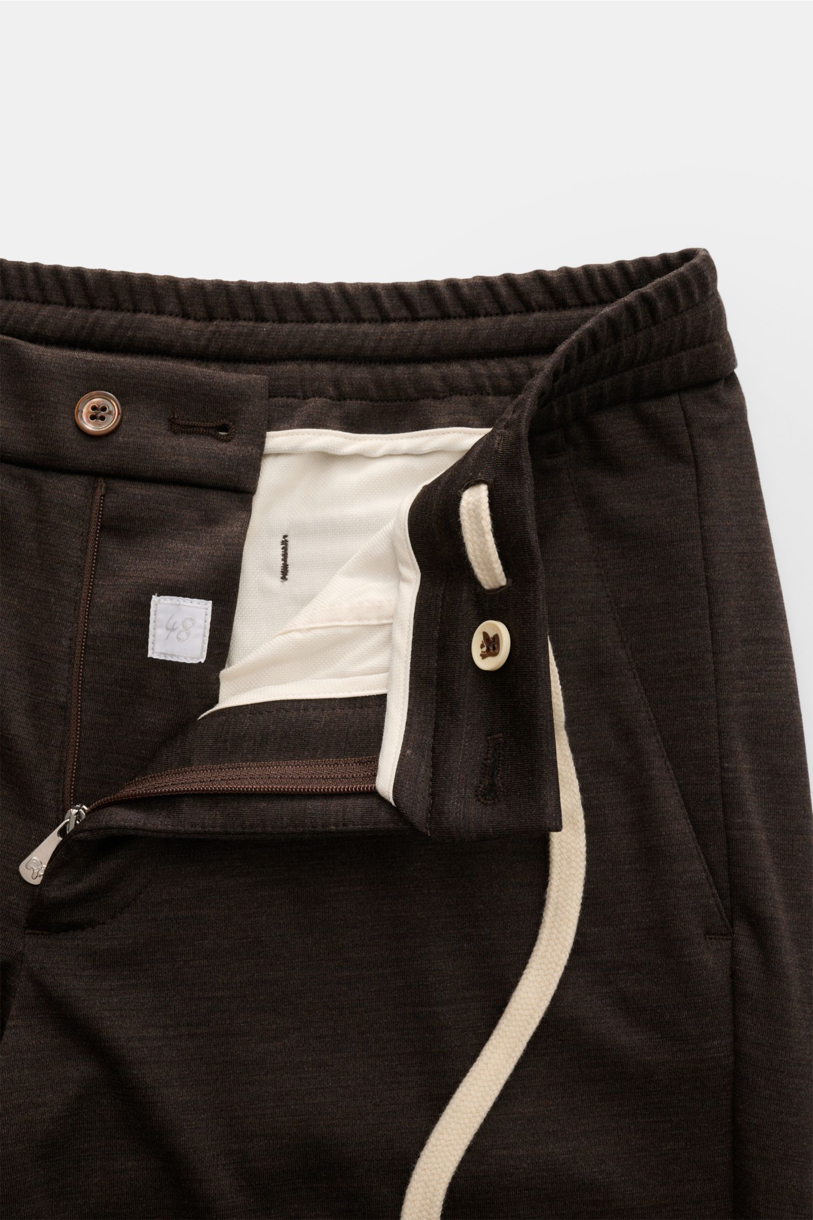 Marco Pescarolo Jogpants 'Caracciolo' dunkelbraun meliert, schmal zulaufend, aus geschmeidiger Wolle, Regular Fit, elastischer Bund mit Tunnelzug, Reißverschluss, Bundknopf, französische Taschen, paspelierte Gesäßtaschen mit Zipper, fixierter Saumaufschla