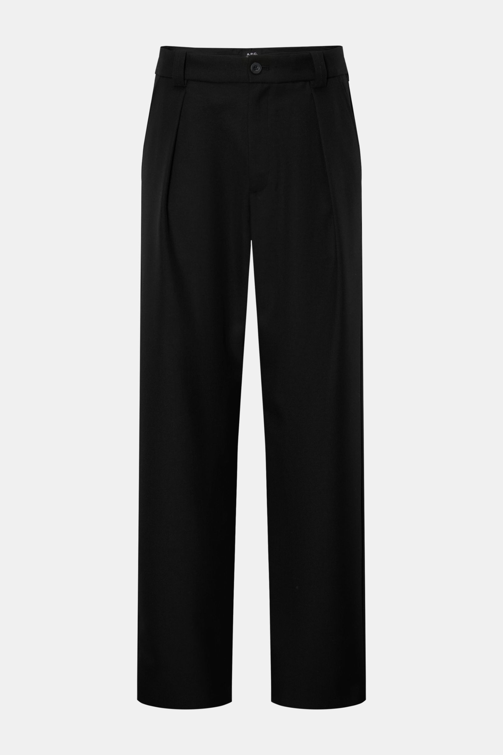 Front view of A.P.C. Trousers 'Renato' black, stylish classic trousers made of wool and microfibre blend with tapered fit, high waist, zip fly, waist button, single pleat, French pockets, back pocket with flap, regular thigh width, ankle length, and sligh