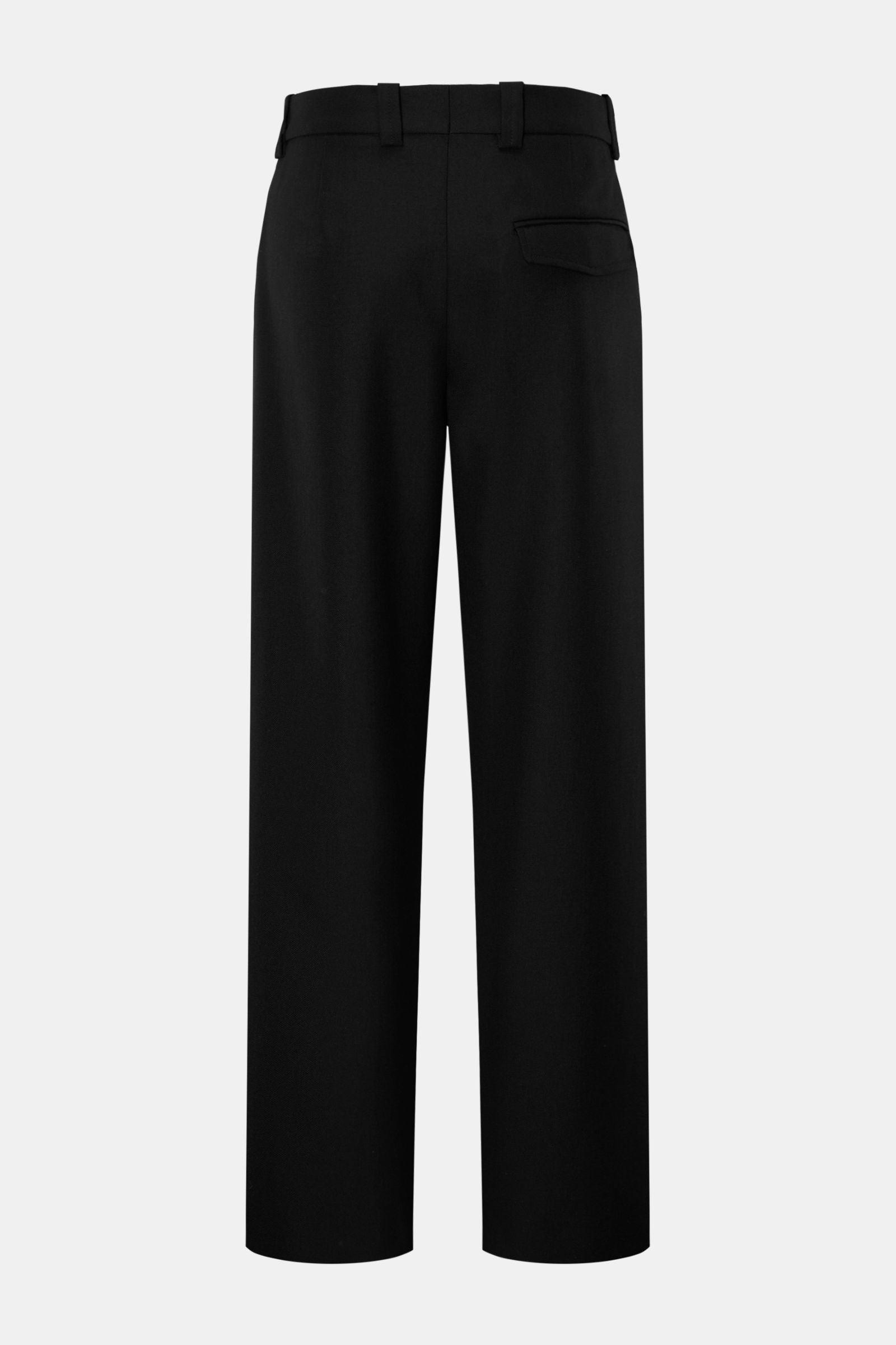 A.P.C. Trousers 'Renato' black shown from the back, high waist, tapered fit, zip fly, single pleat, French pockets, wool blend fabric.  
Stylish classic: Trousers 'Renato' by A.P.C. have an elegant design that makes them an incomparable essential for y