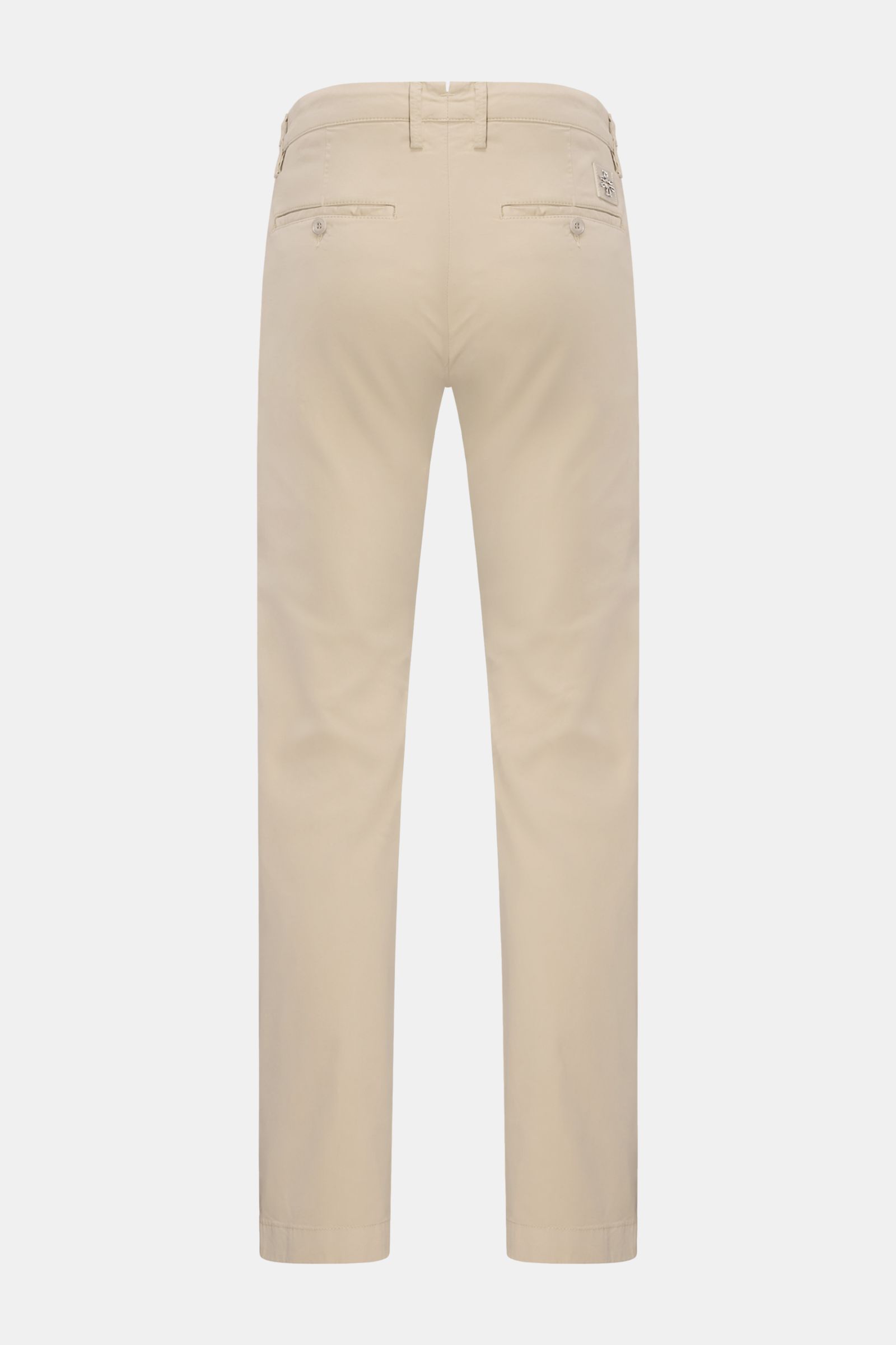 Jacob Cohen Chino 'Bobby' beige, Rückansicht, schmal zulaufend, Baumwoll-Twill mit Stretch, französische Taschen, Knopf-Gesäßtaschen, kleines Leder-Patch.