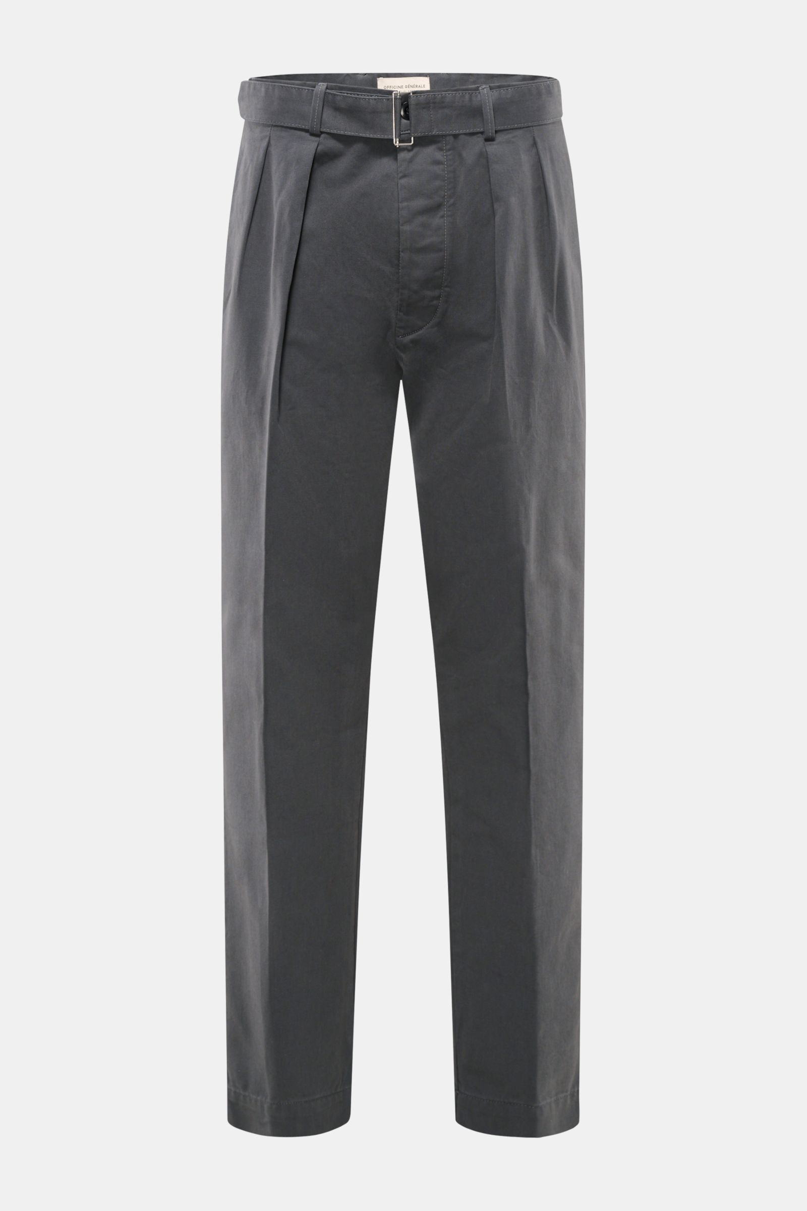 Front view of Officine Générale Chinos dark grey in pure cotton twill, garment-dyed with a soft feel, tapered fit, double pleats, belt loops, button fly, side seam pockets, and buttoned back pockets, ankle length, regular thigh width. Parisian nonchalance