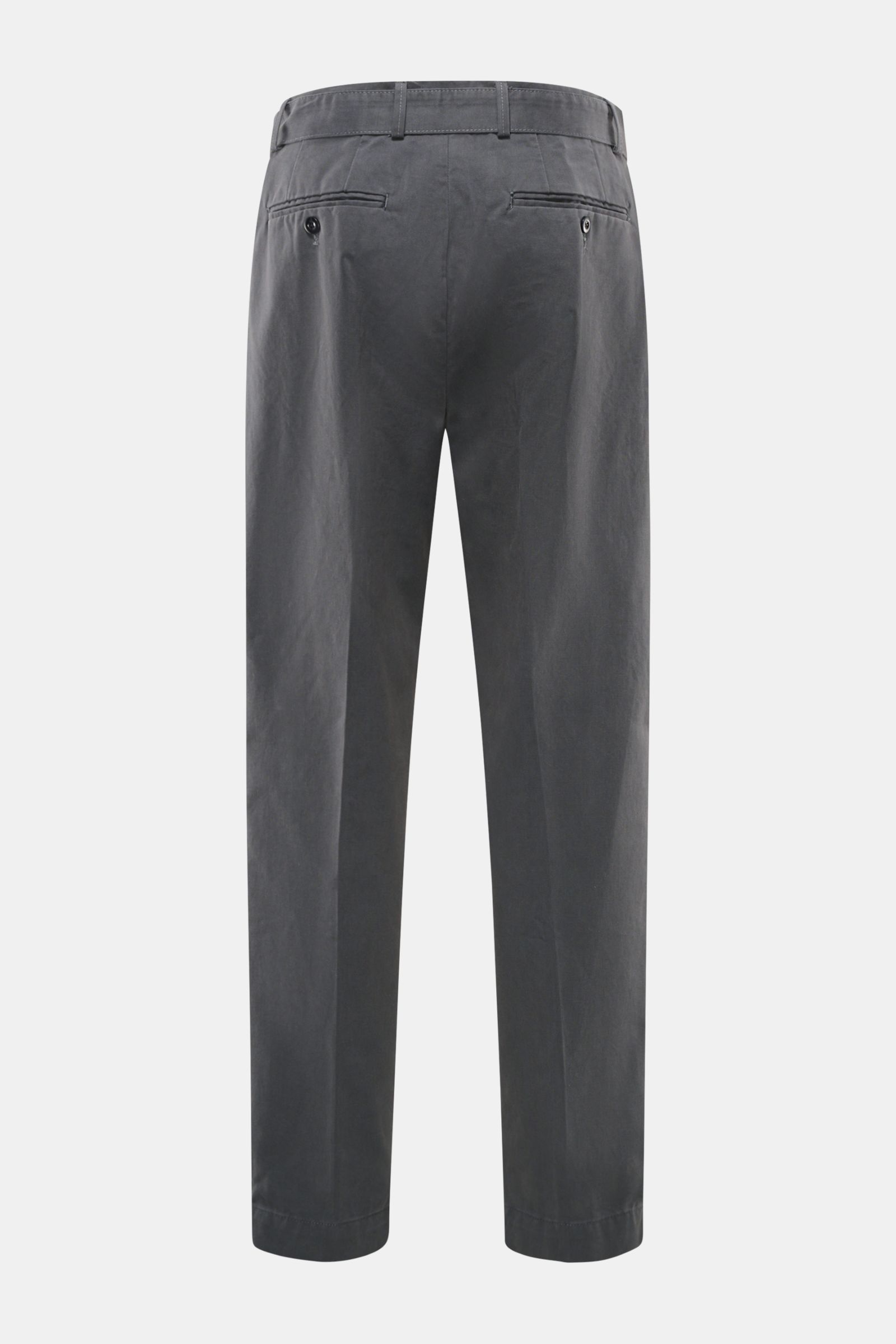 Rear view of Officine Générale Chinos dark grey in soft, garment-dyed pure cotton twill with tapered fit, double pleats, belt loops, button fly, side and back buttoned pockets.

Parisian nonchalance at its most stylish: 