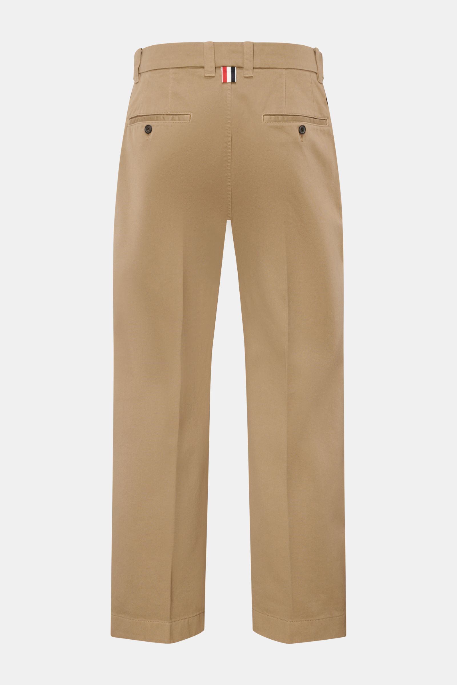 Thom Browne Chino hellbraun in Tapered Fit aus schwerem Baumwoll-Twill, knöchellang mit französischen Taschen, Rückansicht.