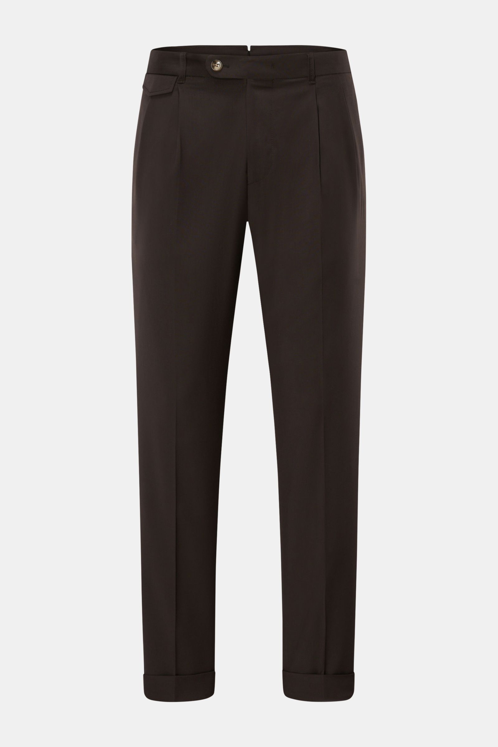 Windsor Wollhose 'Sapo' dunkelbraun aus reiner Wolle, knöchellang, Tapered Fit, doppelte Bundfalte, Reißverschluss, Knöpfe, französische Taschen, frontale Ansicht.