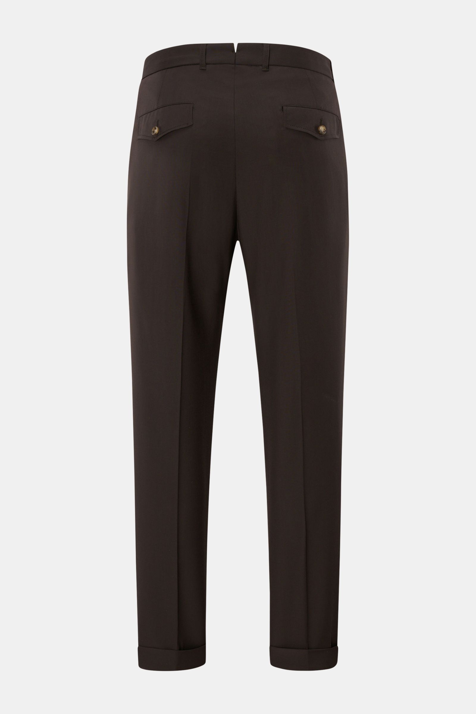 Rear view of Windsor Wool trousers 'Sapo' dark brown in pure wool, featuring double pleats, tapered fit, ankle length, French pockets, back button pockets, fixed hem turn-up, and small watch pocket with flap.