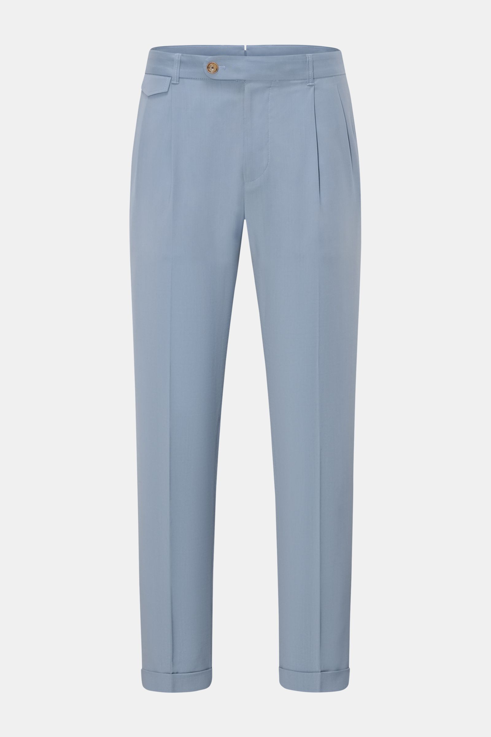 Front view of Windsor Wool trousers 'Sapo' smoky blue in pure wool, tapered fit, double pleat, ankle length with French pockets, zip, buttons, fixed hem turn-up.