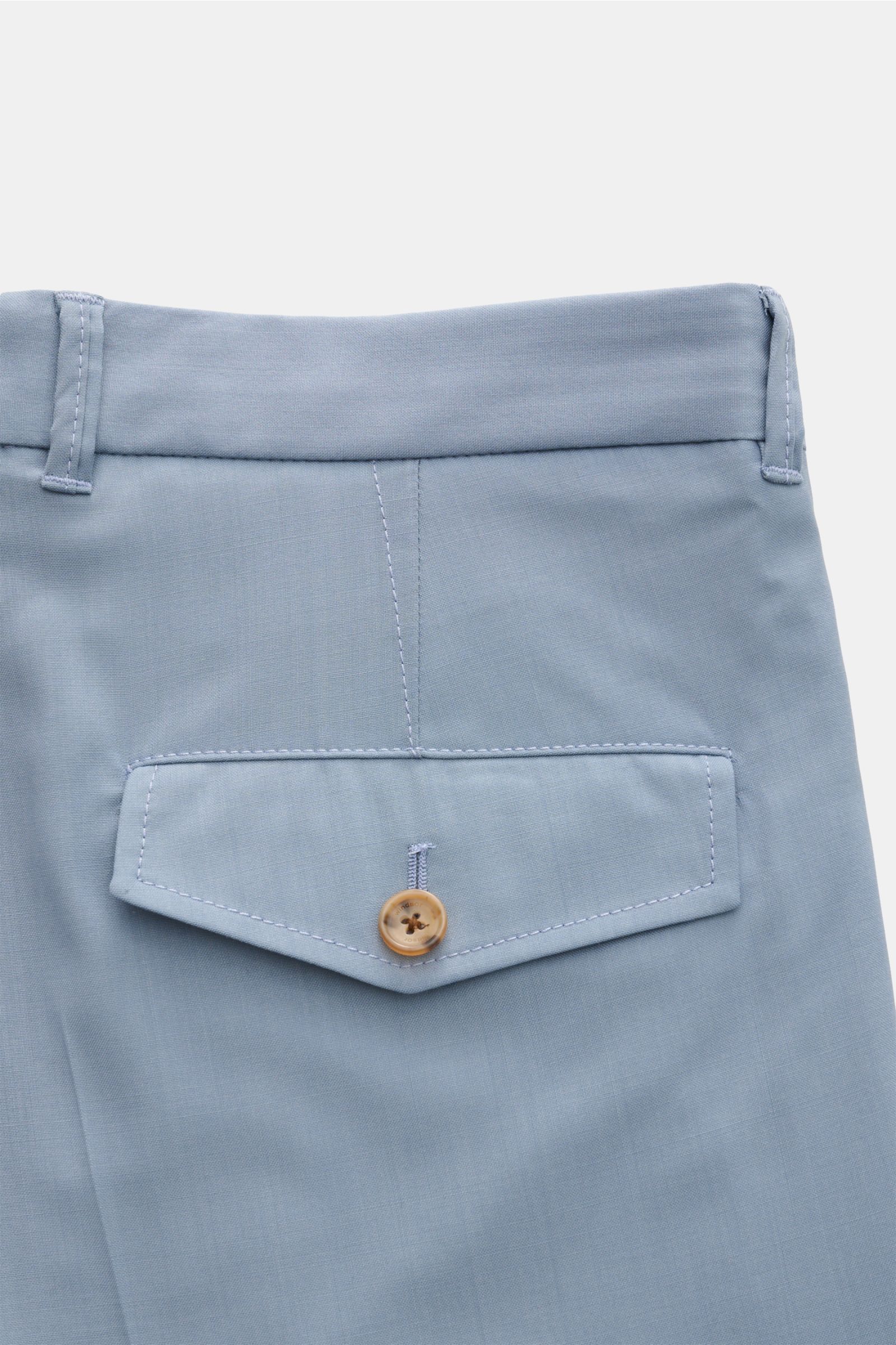 Windsor Wool trousers 'Sapo' smoky blue shown from the back waist close-up, featuring pure wool, smooth feel, tapered fit, regular thigh, ankle length, zip and waist buttons, French pockets, small watch pocket with flap, double pleat, back pockets with bu