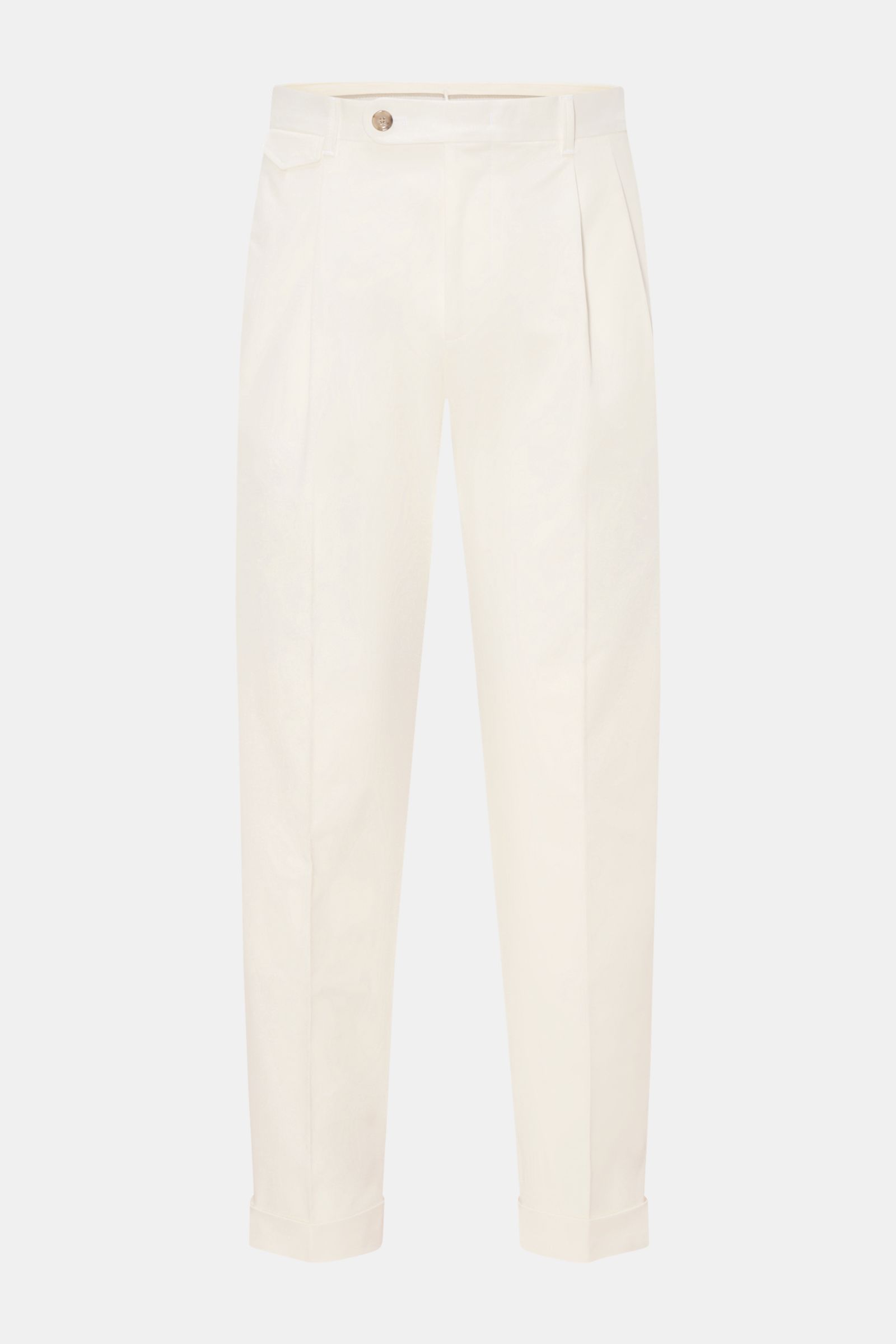 Windsor Chino 'Sapo' creme, frontale Ansicht, Baumwoll-Twill mit Bundfalten, Tapered Fit, knöchellang, Reißverschluss, französische Taschen, Saumaufschlag