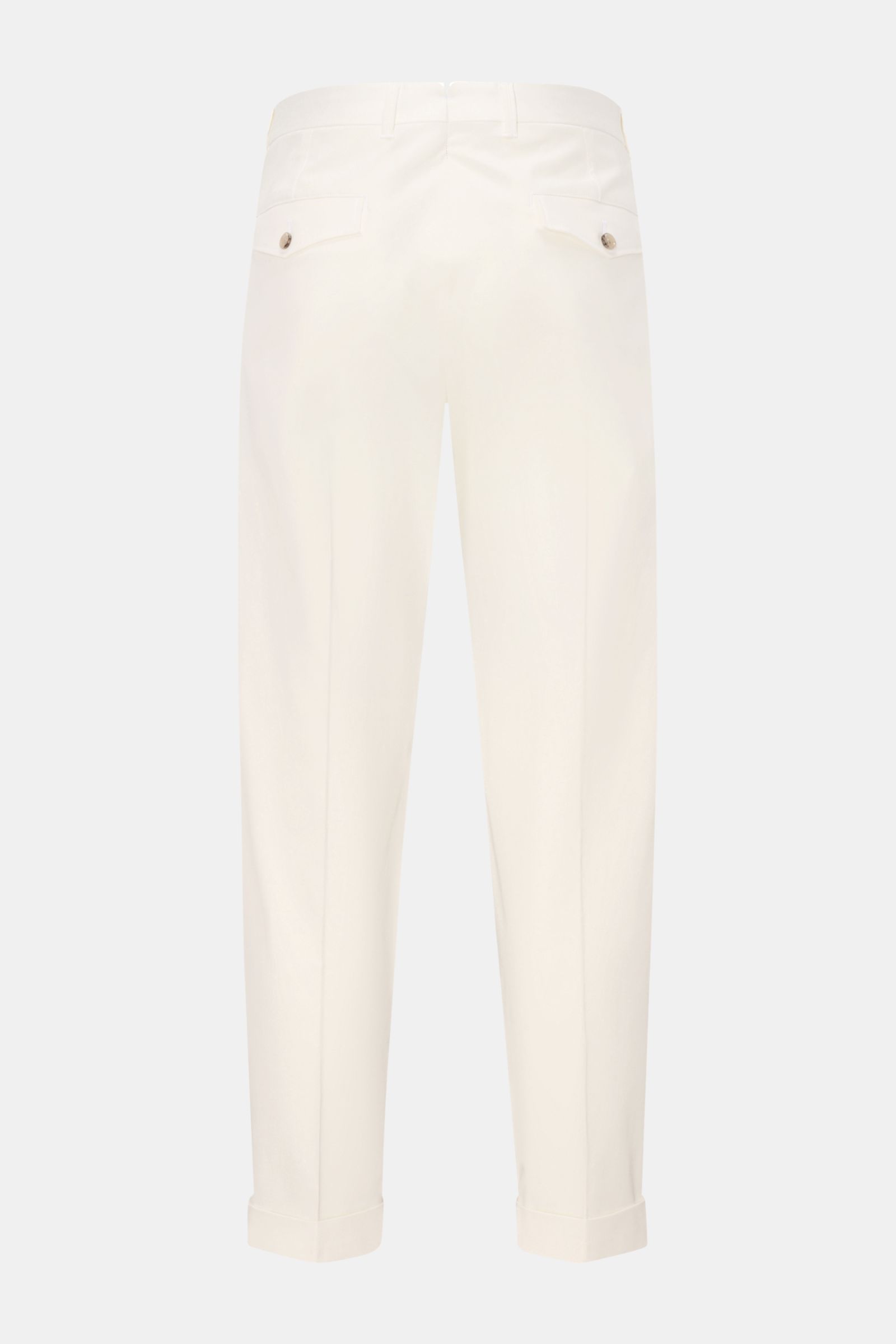 Windsor Chino 'Sapo' creme, Rückansicht, knöchellang mit doppelter Bundfalte, Bundknöpfen, französischen Taschen, fixiertem Saumaufschlag, Baumwoll-Twill, Tapered Fit.
