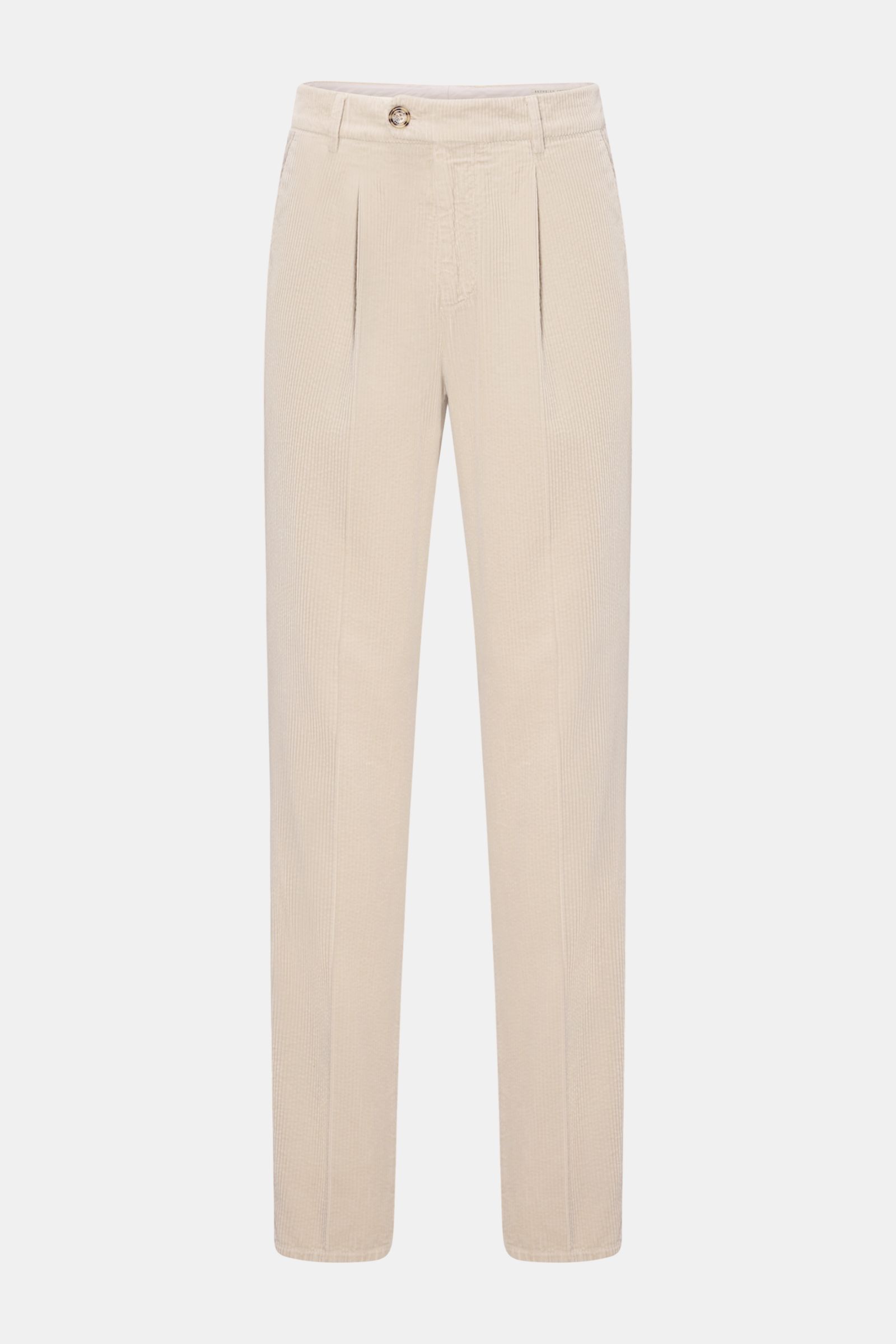 Brunello Cucinelli Cordhose creme front view, cream-colored corduroy pants in regular fit with soft cotton, slim taper, zip, button, pleats, French and piped back pockets. Eleganz mit jedem Schritt: Die Cordhose von BRUNELLO CUCINELLI verspricht höchsten 