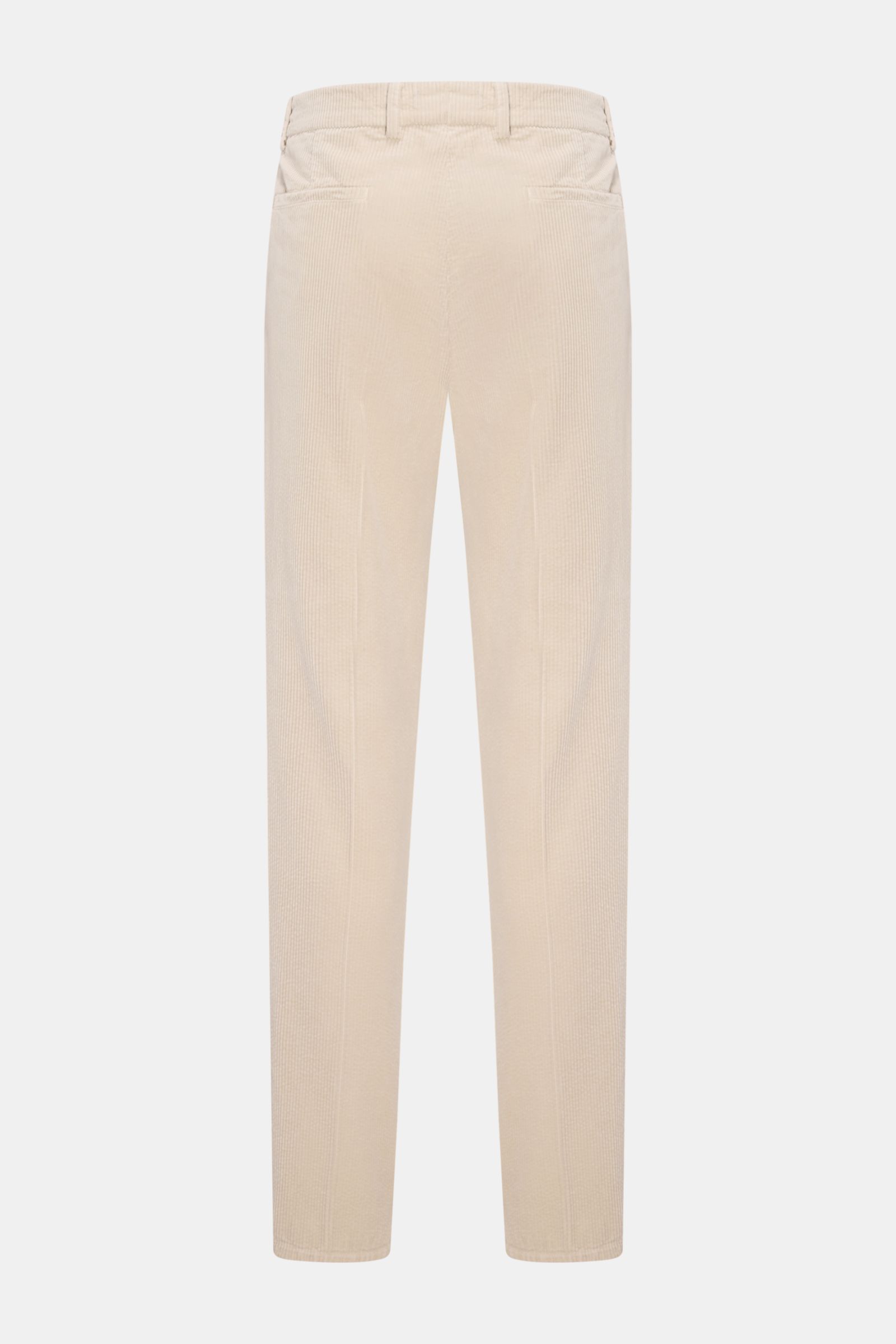 Brunello Cucinelli Cordhose creme shown from the back in cream color, made of pure cotton with a soft touch, slim tapered fit, zipper and button closure, simple crease, French pockets, and welted back pockets, perfect for elegant office and casual wear. E