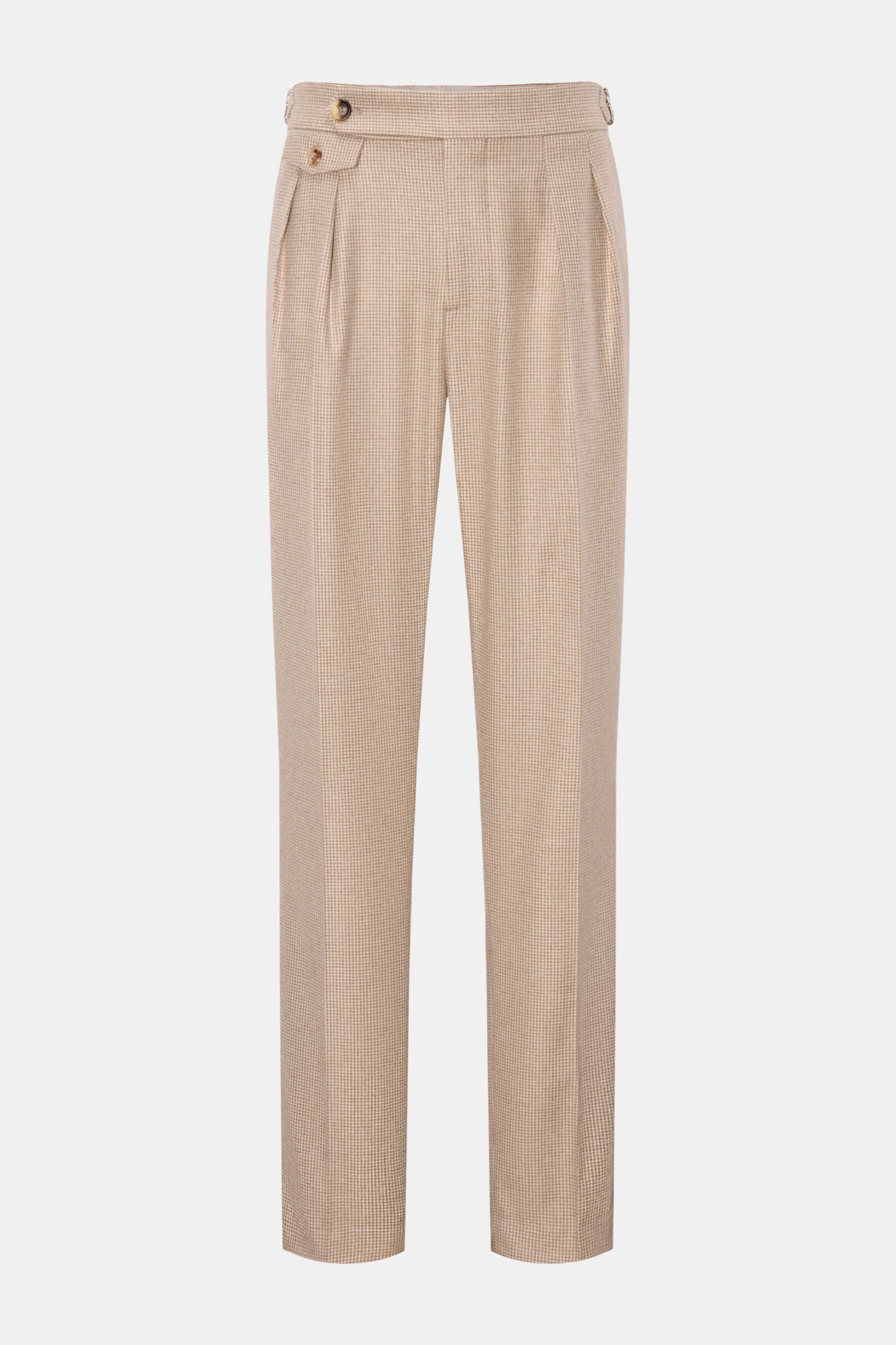 Front view of Brunello Cucinelli Hose beige/hellbraun/taupe kariert in cashmere-silk blend with fine houndstooth, regular fit, side adjuster, and button details.