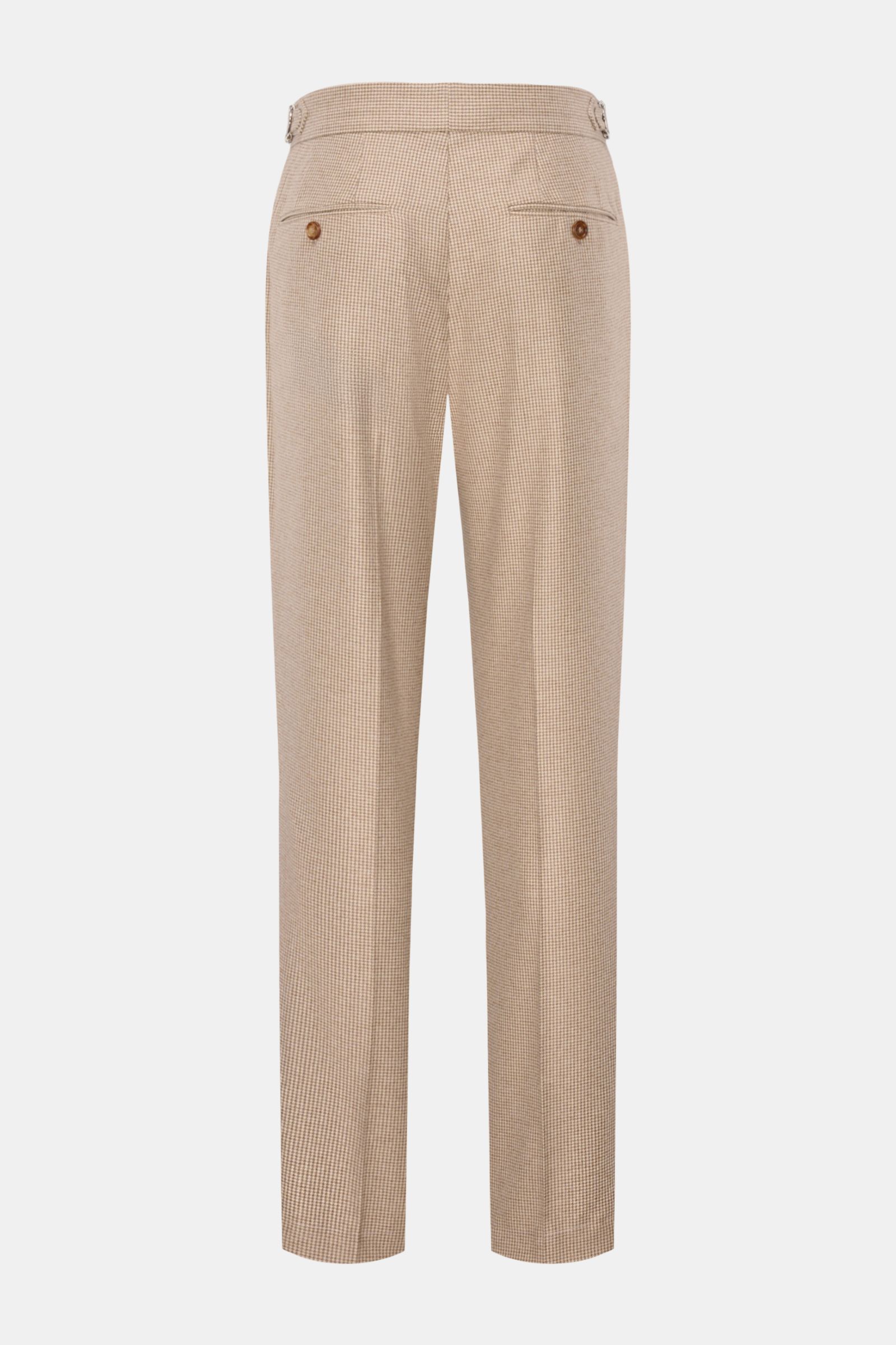 Rear view of Brunello Cucinelli Hose beige/hellbraun/taupe kariert in cashmere-silk blend with fine houndstooth, regular fit, side adjusters, and buttoned pockets.